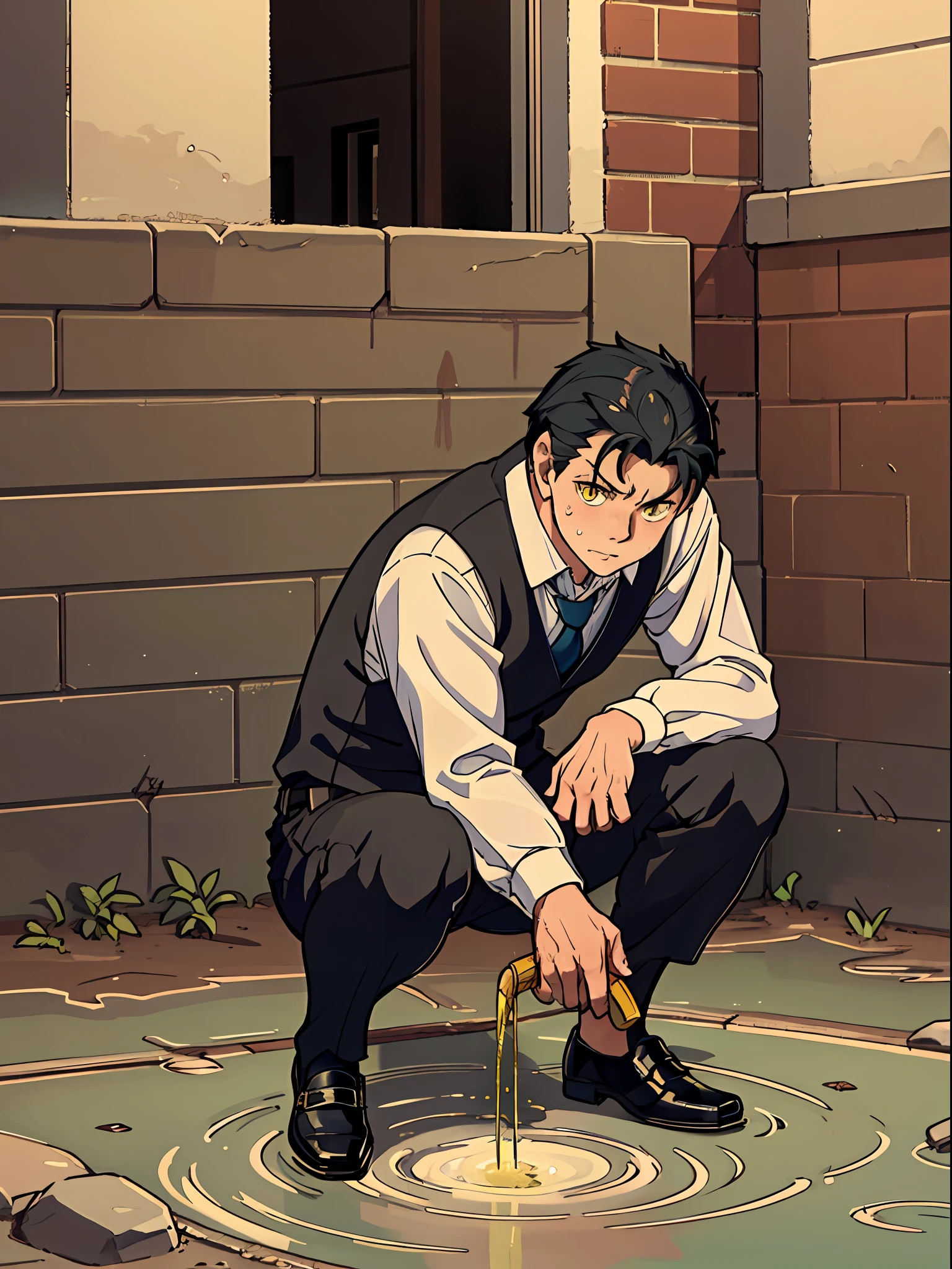 A3R1, Hector Fey ,Multi-view upper body, Suit pants view,legs separated,A3R1,pissing,Pee yourself,His own urine ran down his thighs,perfect male figure, Aerith Gainsborough ,The suit trousers are wet,Urine running down the leg of the trousers,Yellow eyes,Half squat,legs separated,Can't hold back urine,wants to pee,Wear a tie,wearing leather belt,Long Sleeve White Shirt,(The shirt is soaked),Black hair short hair,perspire,Black suit trousers,dress shoes,Nervously bow your head,is shy,embarressed,exhilarated,is shocked,panicking,worry,exteriors,On dry ground, A small puddle of his own urine formed around his feet,half squatting,Very eager to pee,Unbearable,Can't hold back to urinate,Urine flows from the crotch to the leg,incontinence,It's uncomfortable,Very anxious,Sweat runs from the crotch,Wet yourself,urinating,high detal,hentail realism,ultra-realistic realism,three sided view, A masterpiece of careful planning,A high resolution, hyper HD ,anatomy correct,super detailing,best qualtiy,A high resolution,8K