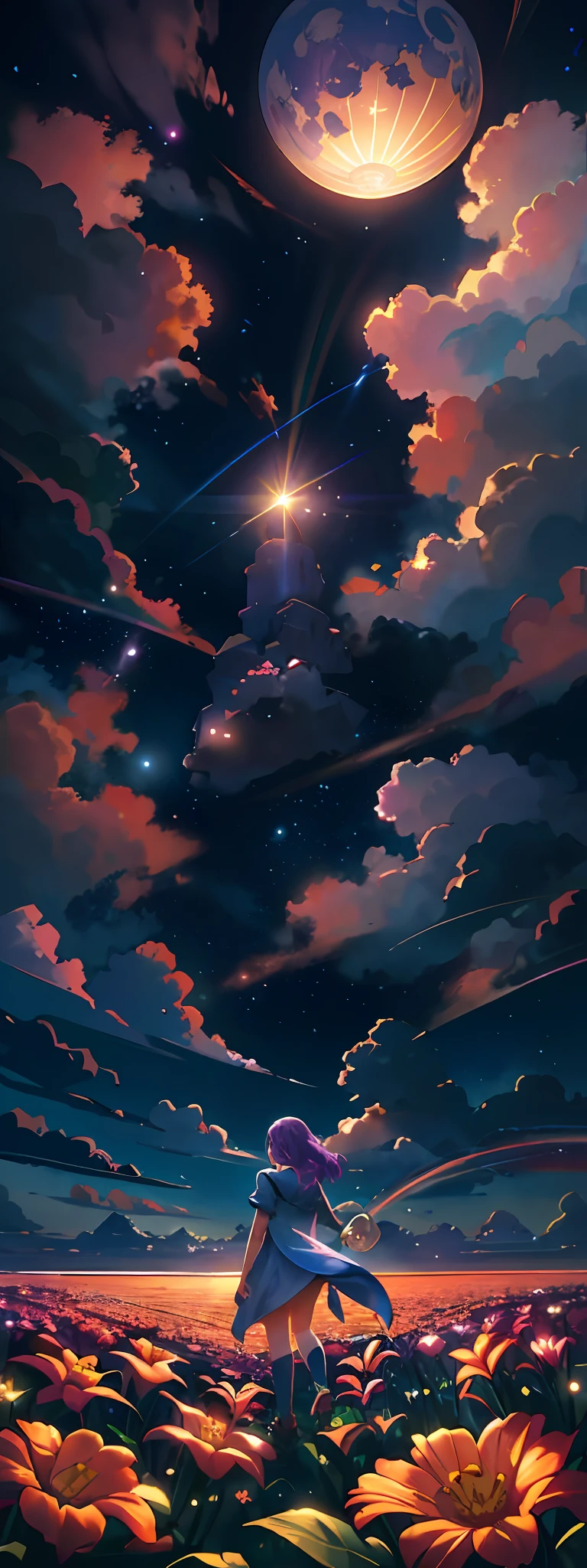 expansive landscape photograph , (a view from below that shows sky above and open field below), a girl standing on flower field looking up, bright sunny day (clouds:1.2), distant mountain, tree BREAK
production art, lot of purple and orange, intricate details, volumetric lighting, realism BREAK
(masterpiece:1.2), detailed shadows, (best quality), 4k, ultra-detailed, (dynamic composition:1.4), highly detailed, colorful details,( iridescent colors:1.2), (glowing lighting, atmospheric lighting), dreamy, magical, (solo:1.2)