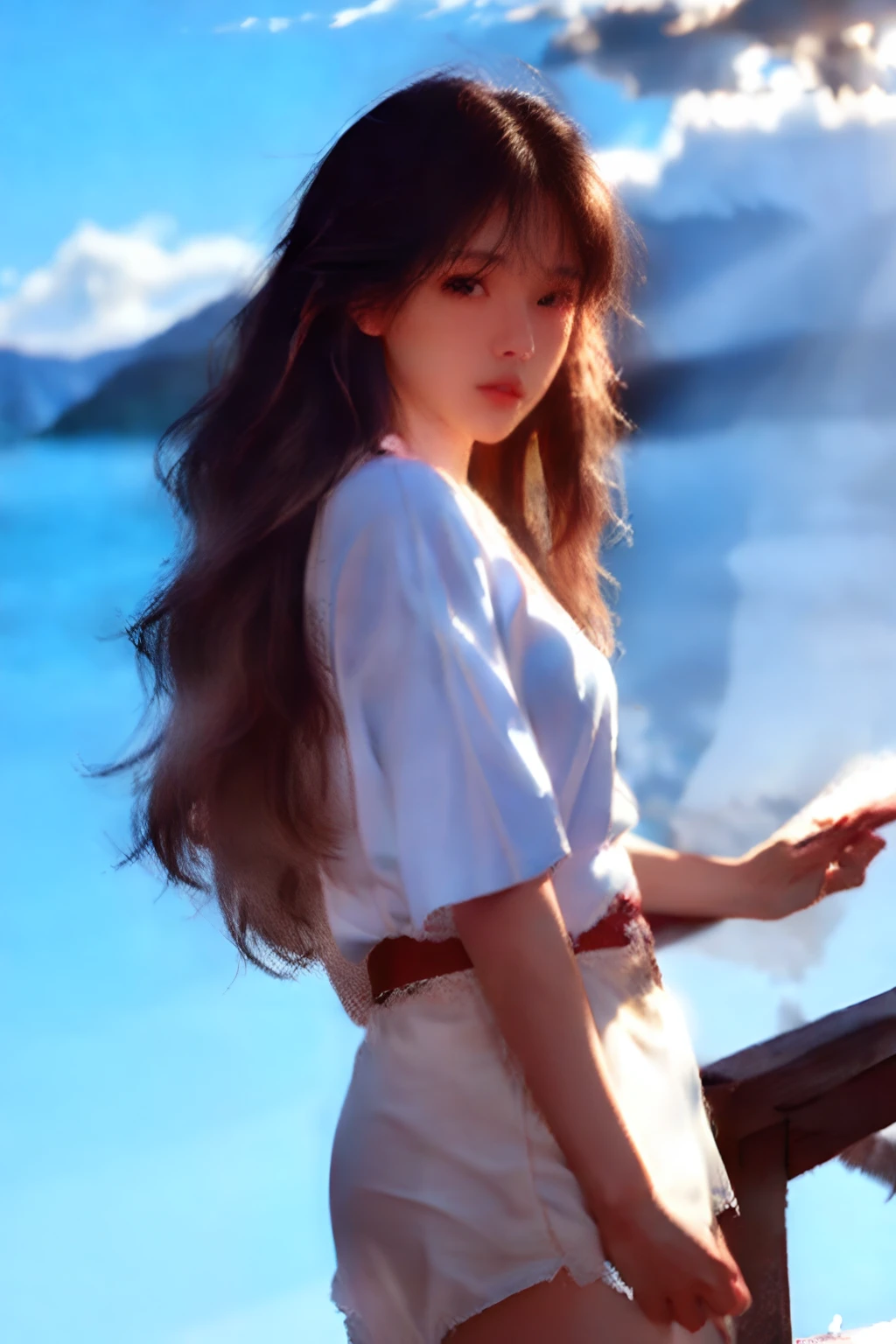 (Masterpiece, realistic, high resolution), (1 girl): 1.2), Korean, ((white wavy hair): 1.3), (heterochromic eyes: 1.1, thick eyebrows, small moles under the eyes), tie, (white shirt, red sports shorts), ((medium breasts): 1.2, thighs), outdoor, blue sky and white clouds