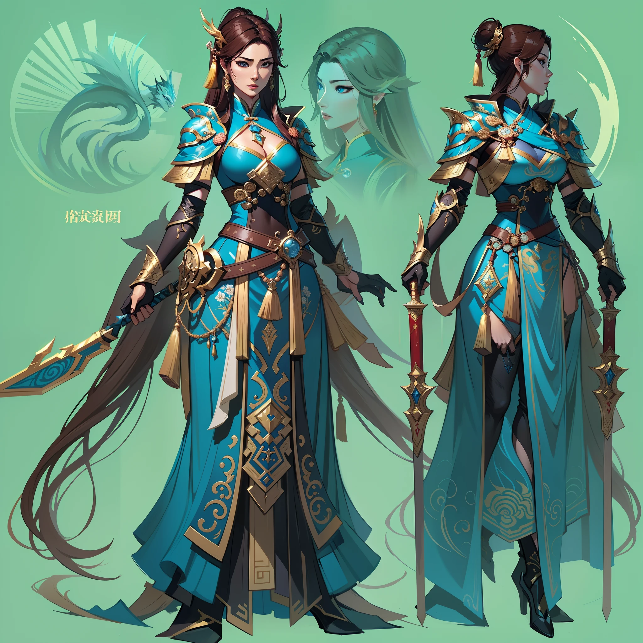a close up of a strong amazon woman in her 30's, with hazel eyes and brown hair, wearing a blue and black mage's robes, a heroine with hazel eyes, female holding tonfa, mage with water magic, standing in a chinese temple, new costume concept design, in the style of blade and soul, full body character concept, detailed character design, inspired by Yang Jin, inspired by Li Mei-Shu, chinese costume, inspired by Lan Ying, inspired by Sim Sa-Jeong, inspired by Li Tang, lunar themed attire, costume with blue accents, inspired by Ju Lian, colored concept art, highly detailed character design, highly detailed face, inspired by Ai Xuan, very highly detailed face, unreal engine render, final fantasy 14 style, inspired by Leng Mei