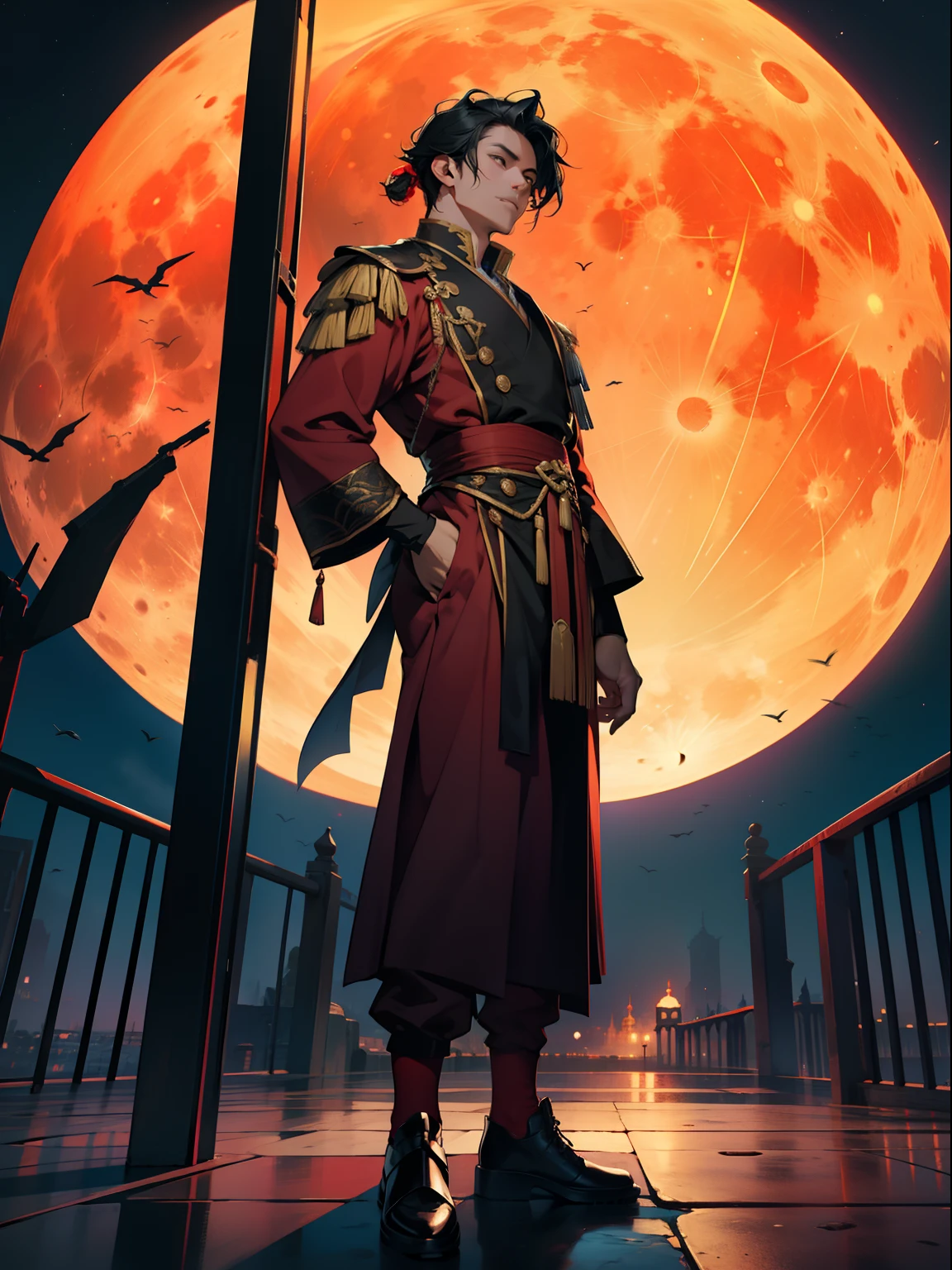 of a guy,Douluo Continent costume,standing on your feet,nigth,Red clothes,Black hair,Full moon,Cage,