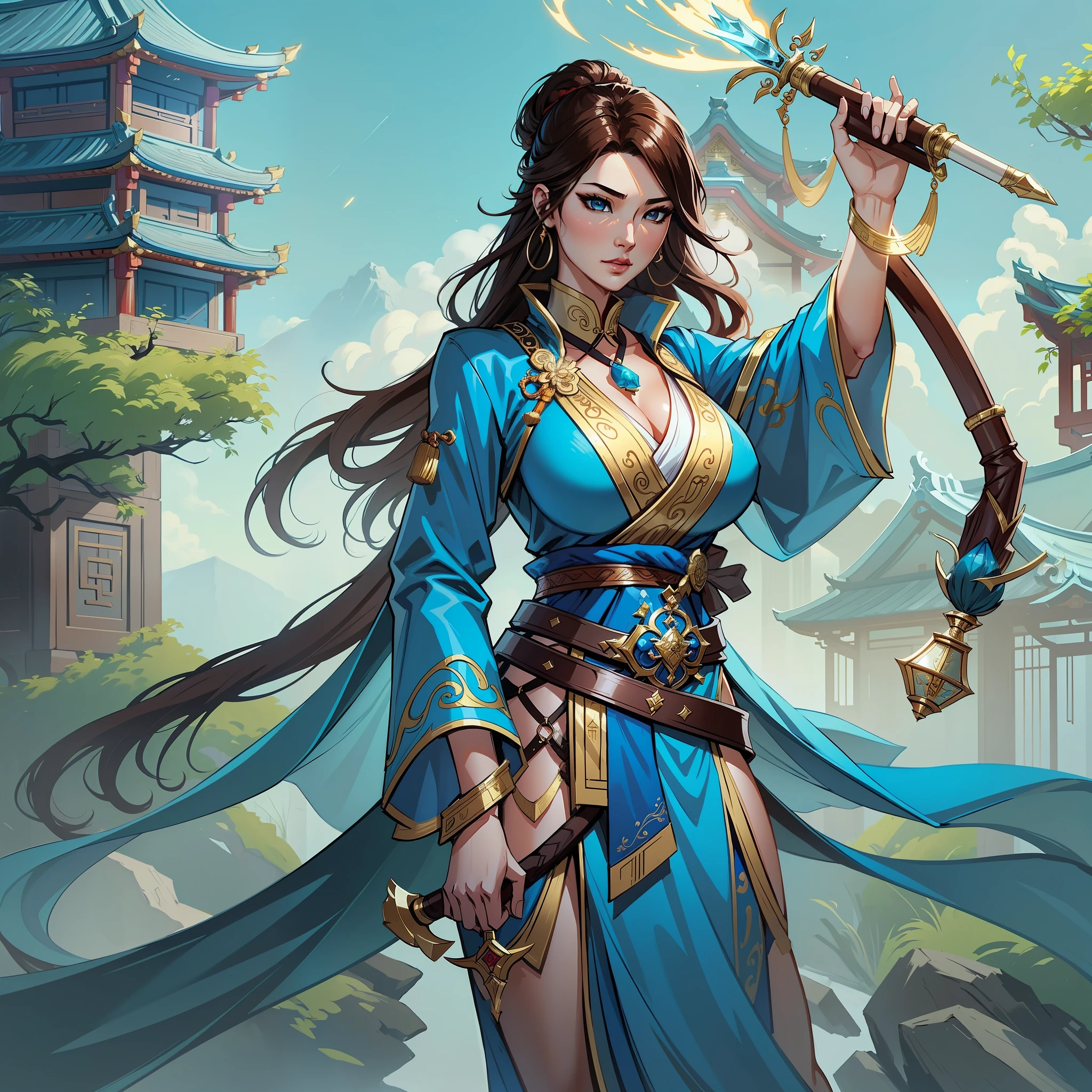 a close up of a strong amazon woman in her 30's, with hazel eyes and brown hair, wearing a blue and black mage's robes, a heroine with hazel eyes, female holding tonfa, mage with water magic, standing in a chinese temple, new costume concept design, in the style of blade and soul, full body character concept, detailed character design, inspired by Yang Jin, inspired by Li Mei-Shu, chinese costume, inspired by Lan Ying, inspired by Sim Sa-Jeong, inspired by Li Tang, lunar themed attire, costume with blue accents, inspired by Ju Lian, colored concept art, highly detailed character design, highly detailed face, inspired by Ai Xuan, very highly detailed face, unreal engine render, final fantasy 14 style, inspired by Leng Mei