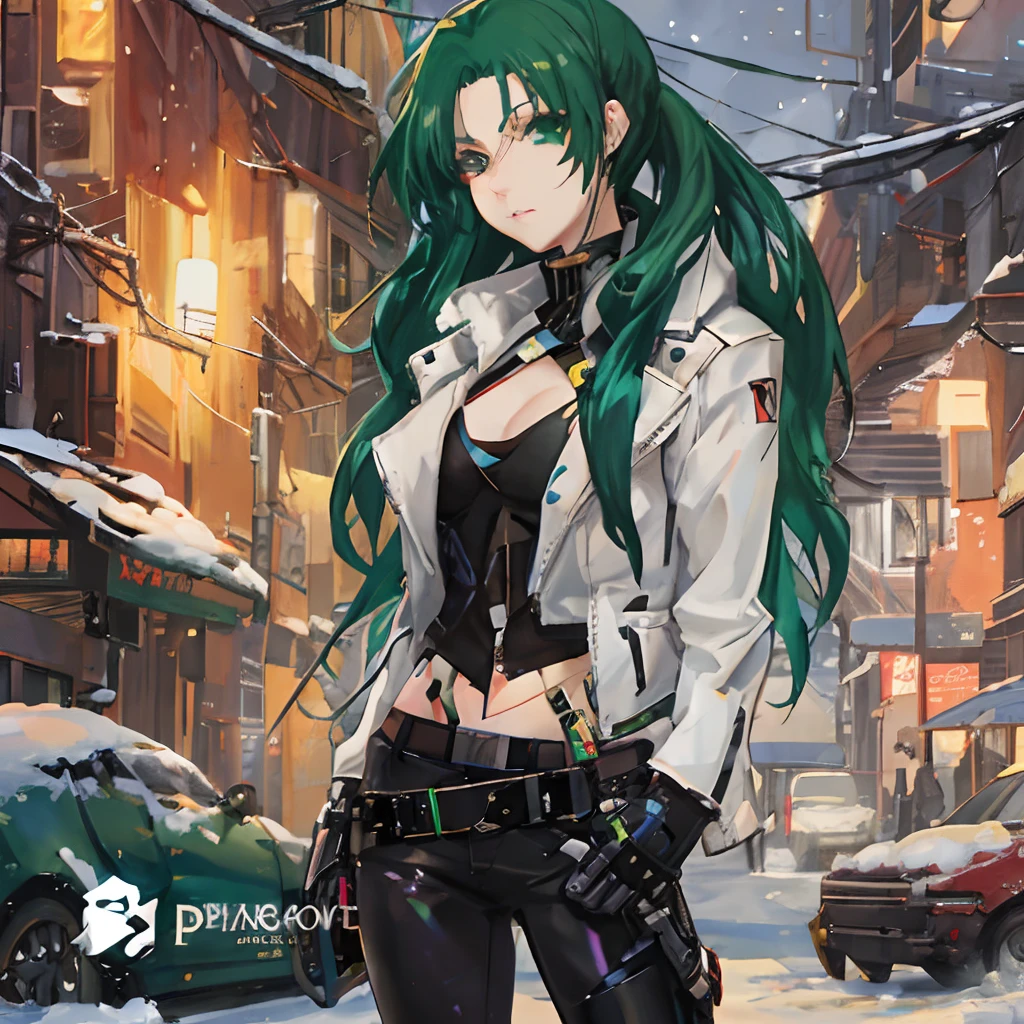 Anime girl with green hair and black leather pants in snow, menina de anime cyberpunk feminino, garota de anime desonestos, Menina anime com cabelo martelo, deviantart artstation cgscosiety, forest city streets behind her, garota anime cyberpunk, cyberpunk digital - arte de anime, Artgerm extremamente detalhado, arte digital do anime cyberpunk, Jet Black Haired Cyberpunk Menina, trending on artstation pixiv