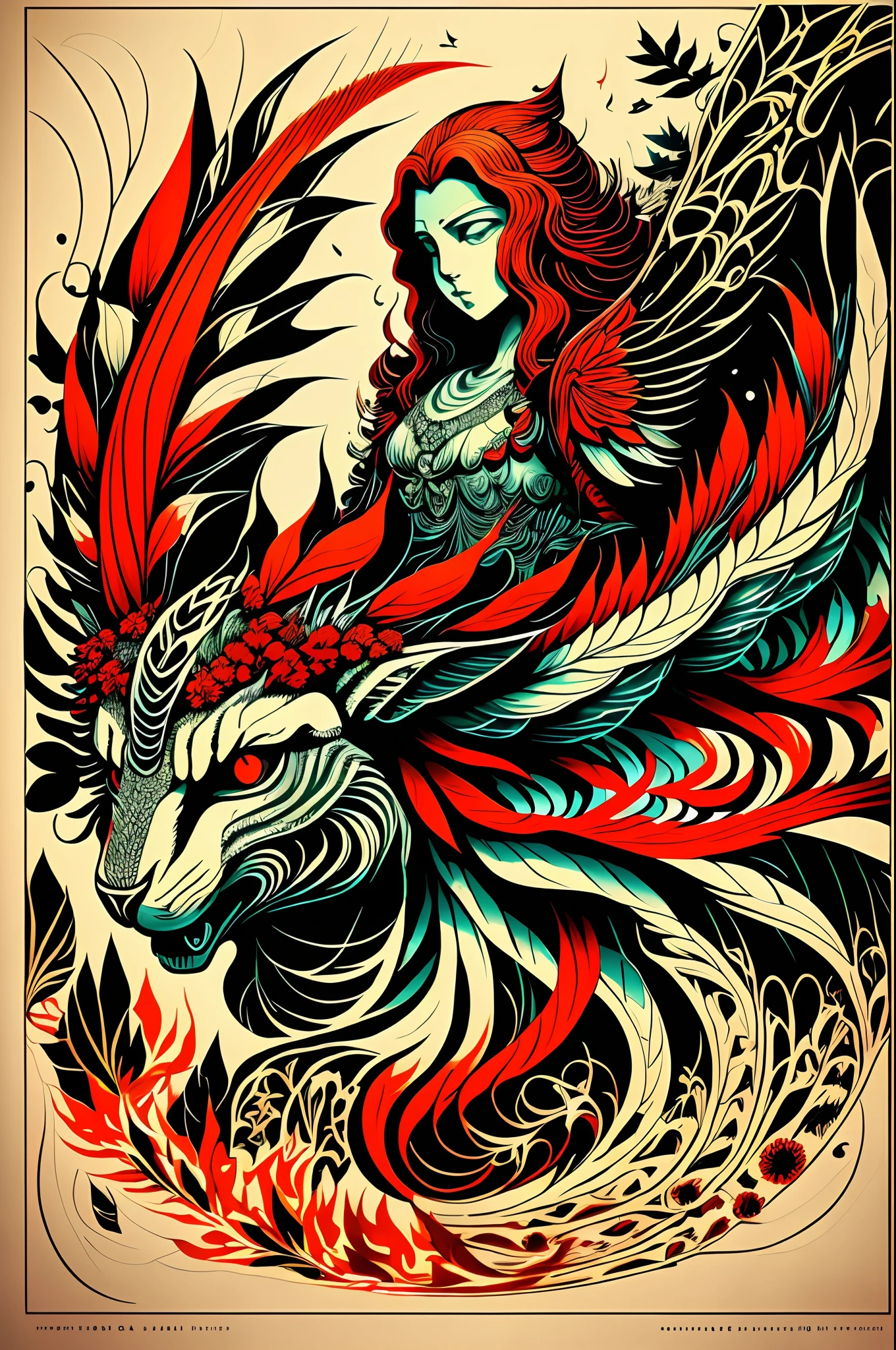medusa cultura grieco roman ornamentos alrededor de la imagen , hojas laureles , cloud color red escena , batalla mujer mitad serpiente , venenosa , nails long , afiladas , Obra maestra Back Ground Aves y Ornamentos Fauna , Lighting degrades high contrast light dark Draw in original inked image battle against demons fly and chimera , Legendario en Reloj de Arena , Mirando hacia adelante contraste rojo intenso , Fuego en el suelo , ilustracion con tendencia poster ,symmetry illustrated enclosing the design in total Fire on the ground , ilustracion con tendencia poster ,Illustrated symmetry enclosing the design in total --auto --s2