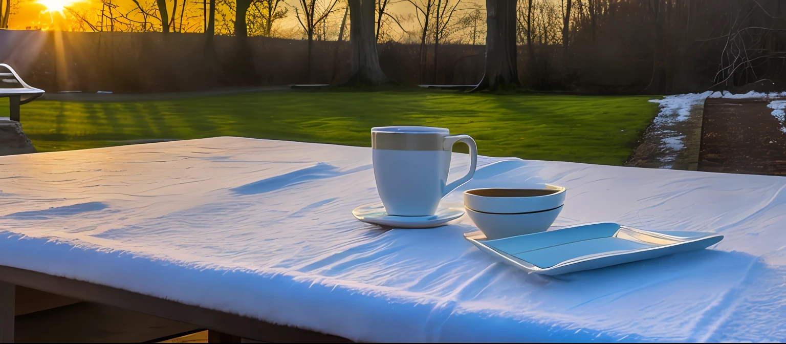 Realism, hyper-realism, soft, vivid, Zeiss_style, coffee on table in back garden, snow fall outdoor, masterpiece, best quality, super detailed, high resolution, very detailed, 8k uhd, (fidelity, fidelity: 1.5), (natural light), amazing, photon mapping, radiosity, amazing physically based rendering, fine detail, best, high quality, raw photos, (bokeh: 0.8), realistic, (depth of field: 0.8), bokeh background,