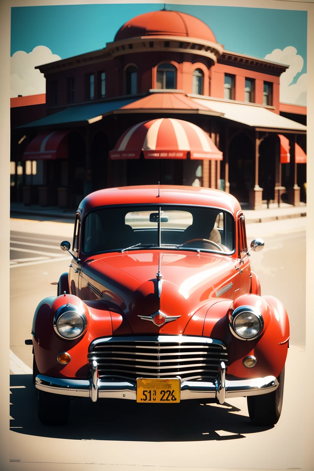 Poster silk screen print of a realistic vintage automobile