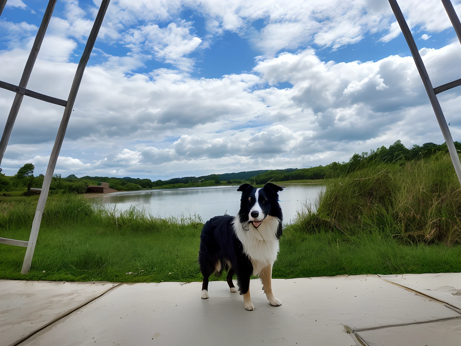 There was a dog standing on the grass by the water, river in front of him, border collie, guardian of the holy lake, taken with sony alpha 9, taken with a Sony A7R camera, doing a majestic pose, in a scenic background, Tsunami behind him, captured with sony a3 camera, a wide full shot, Lake in the background