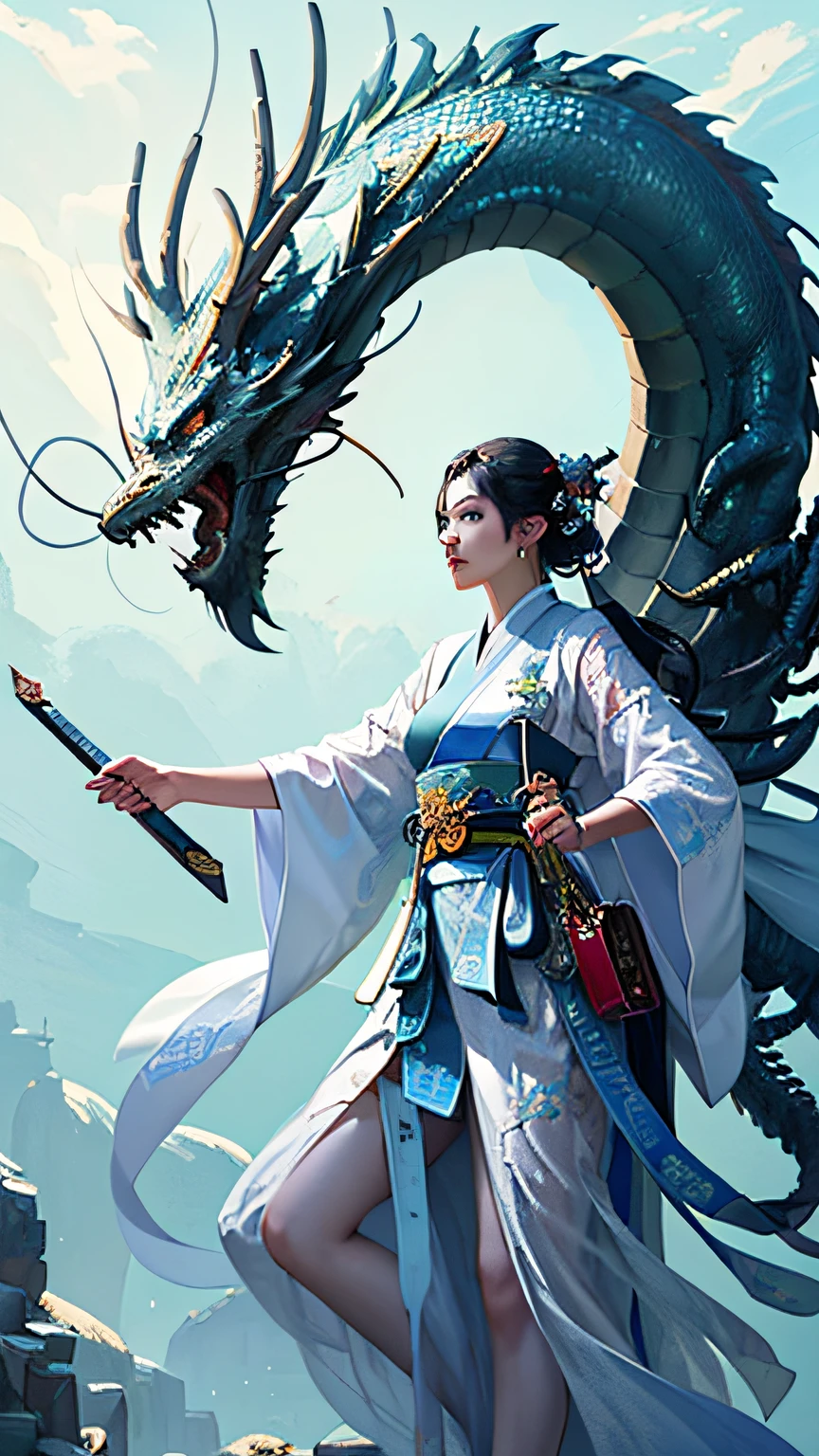 offcial art,统一 8k 壁纸,ultra - detailed,Beauty and aesthetics,tmasterpiece,best qualtiy,(zentangle,tangle,entangle),(s fractal art:1.4),1boy,black color hair,chineseidol,Fifteen or sixteen years old,Costume Hanfu,White robe,The robe is embroidered with seven cyan dragons,The is very detailed,dynamic angle,flowy,(vivd colour),OC,(A half body:1.2),Chinese big breasts,(thangka flying sky:1.5),(Delicate longsword:1.3),(dream magical:1.5),(Hanfu:1.5),chinesedragon,(Cold:0.5 ),(chinese deity),