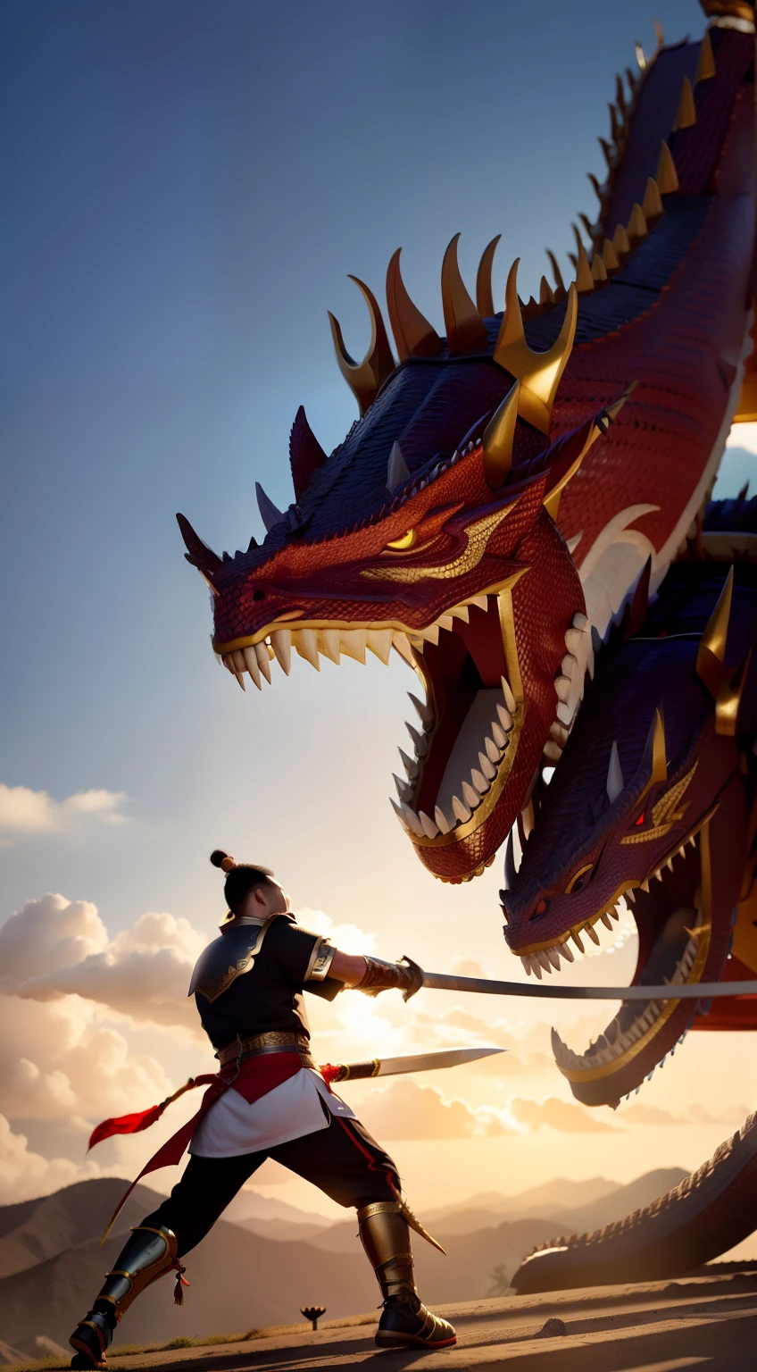 Warriors vs. Dragons,Chinese Warrior,big dragon,Giant sword,Huge dragons,Warriors,chinesedragon,photorealestic,chinesedragon,Super huge dragon