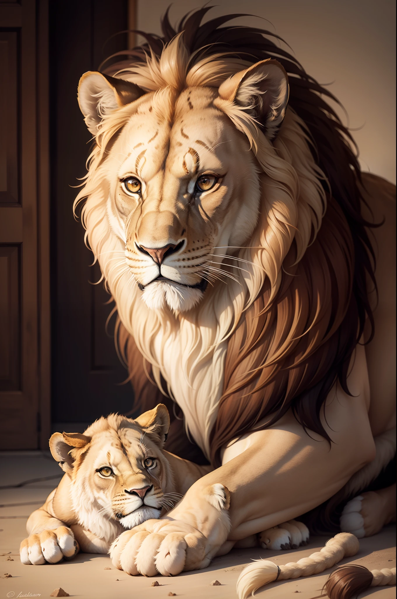 Realistic lion with cub