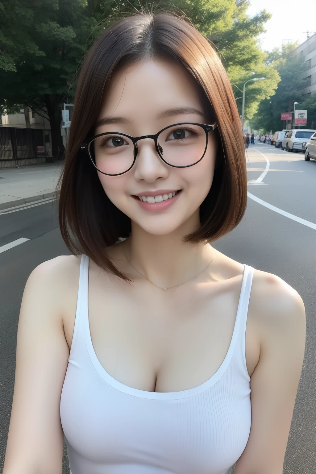 masterpiece、Woman in white tank top on street、Hot with shining sun、Beautiful young Korean woman、lovely delicate face、milky skin、Trending on CGSTATION, With short hair, wearing a low cut tanktop、(reallistic:1.4)、selfee、(Colossal tits:1.2)、Double eyes、Puffy eyes、High resolution mouth、High resolution for the eyes、Wearing glasses、selfee、Mouth is very smiling、(layers-Cut:1.2)、20yr old、