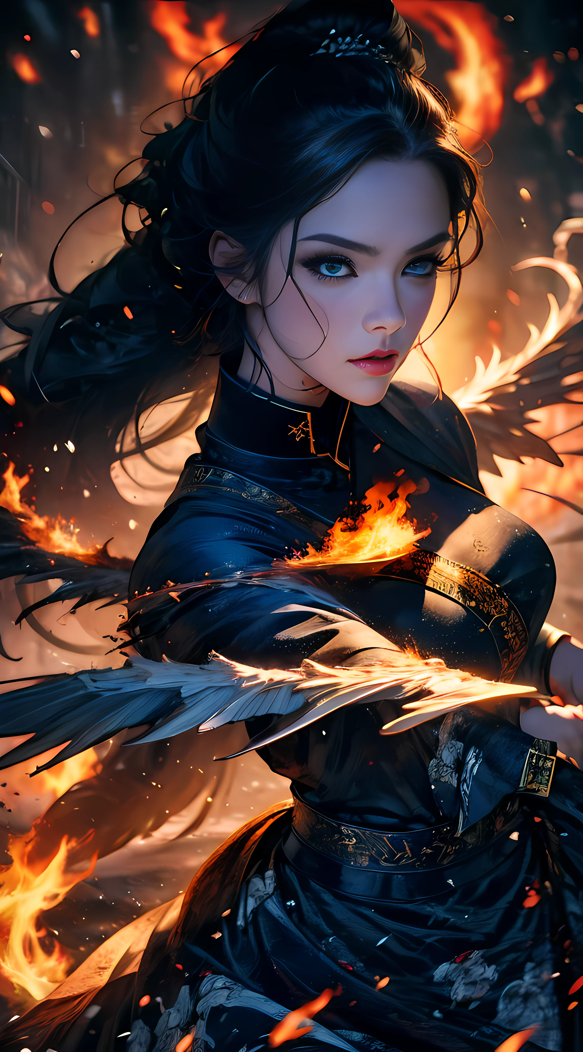 hyper-detailing,CG,Solidarity,8k wallpaper),(tmasterpiece),(photorealestic),black aura,(realisticlying:1.2),(RAW photogr:1.2),(best qualtiy:1.2),(Detailed face:1.3),(Detailed body:1.3)Black Ninja,dark fantacy,(美丽细致的眼睛,Black colored eyes,vacant eyes:1.2),Fire around,(detailed hair),1girll,(the angel's wings:1.4),Fire around,(cabelos preto e longos:1.3),Fire around