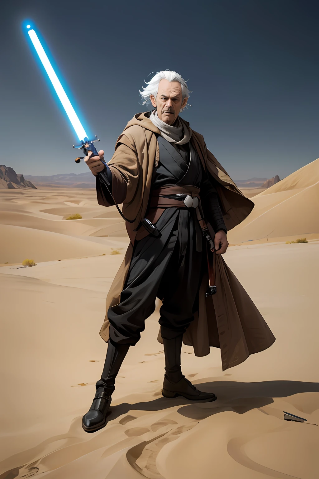 StarWars、jedi knight、Earl Dooku style、Alien Wind、Slender Macho Figure、Lightsaber in hand、Vast desert landscape、