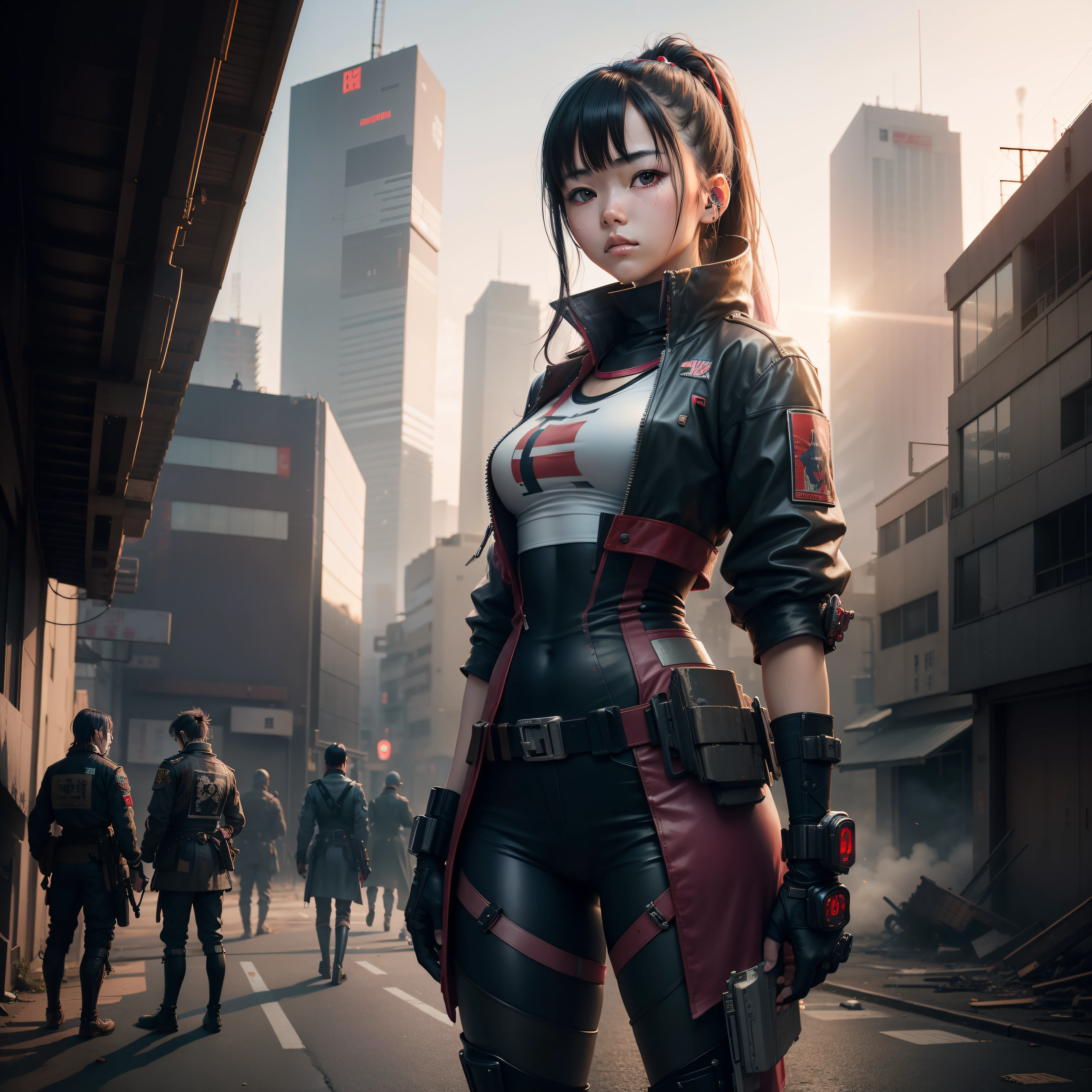 A pretty Japanese 18 year old, cyberpunk, with a contemporary confederate tight fitting civil war outfit, looking down upon a desolate war torn city