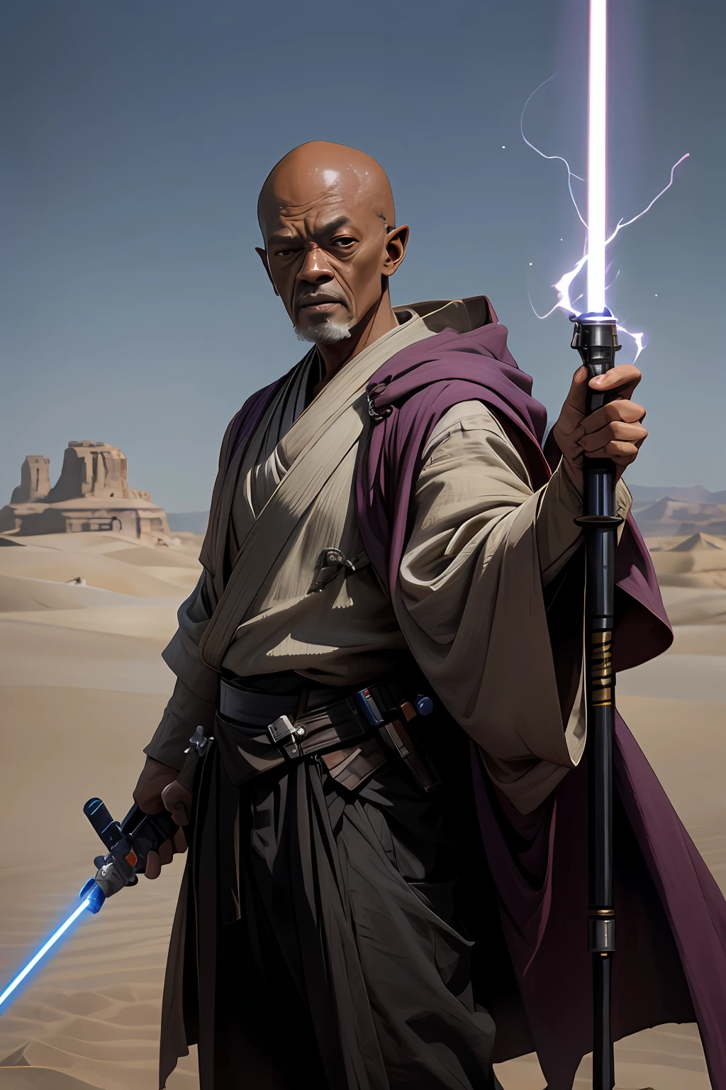 StarWars、jedi knight、Mace Windu Style、Alien Wind、Slender Macho Figure、Lightsaber in hand、Vast desert landscape、