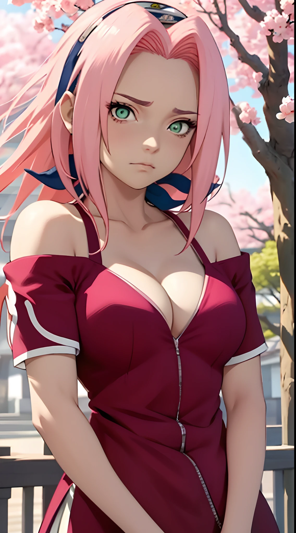 tmasterpiece, Best quality at best, 1girll, Sakura Haruno, Large breasts,Off-the-shoulder attire,(cleavage),(upperbody closeup),Raised sexy,is shy,scowling,with pink hair, long whitr hair, (Green eyeballs:1.4), Forehead protection, the cherry trees,Cherry blossoms flying,
