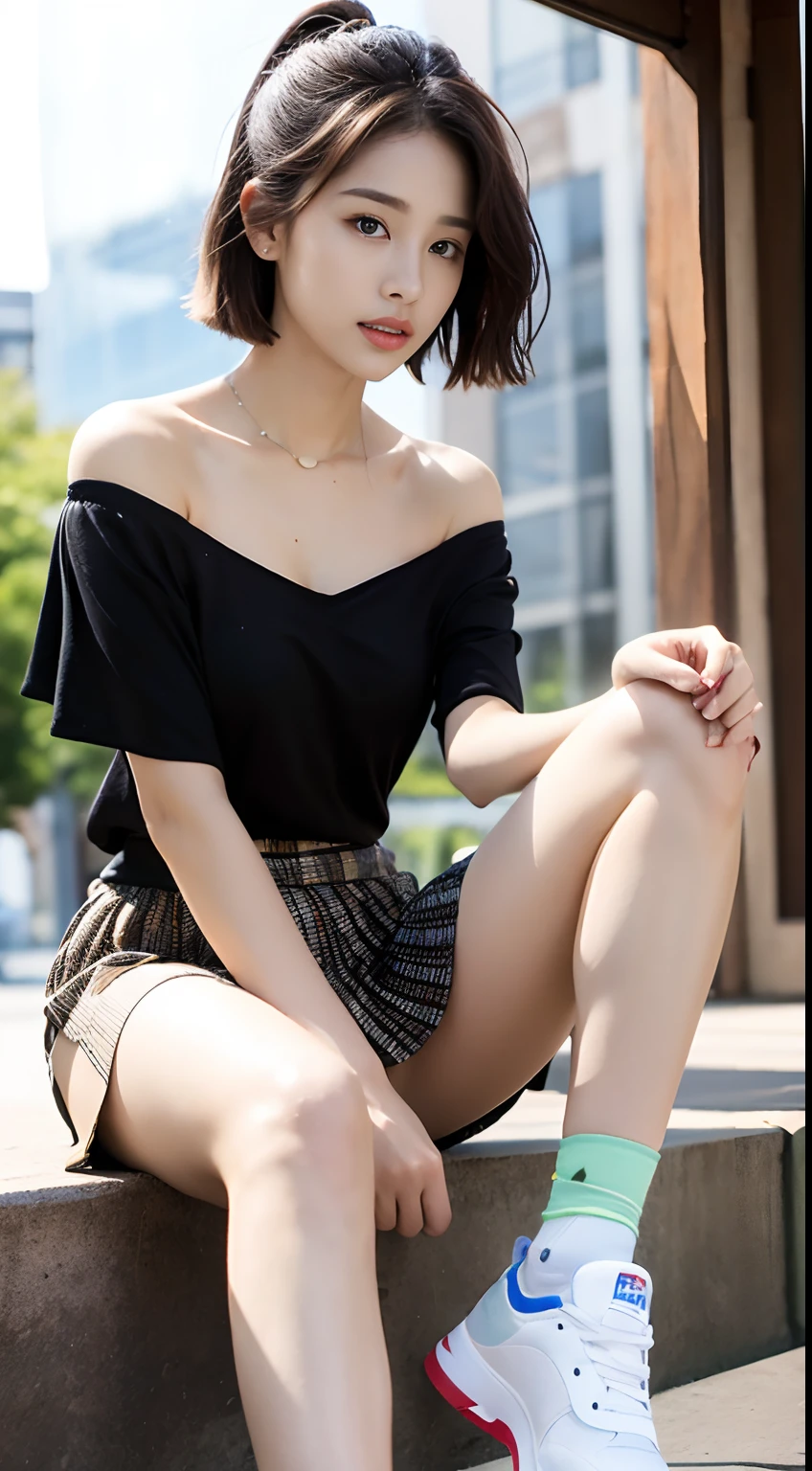 ((Best picture quality, 8K, tmasterpiece:1.3)), 1girll, Casual hairstyle, (off-shoulder blouse,Short pleated skirt:1.3),(wet see through clothes:1.4),Ultra-fine face, A detailed eye, 二重まぶた,(long leges:1.4),(athletic sneakers:1.3)Erlang legs,Sit sideways on a high platform