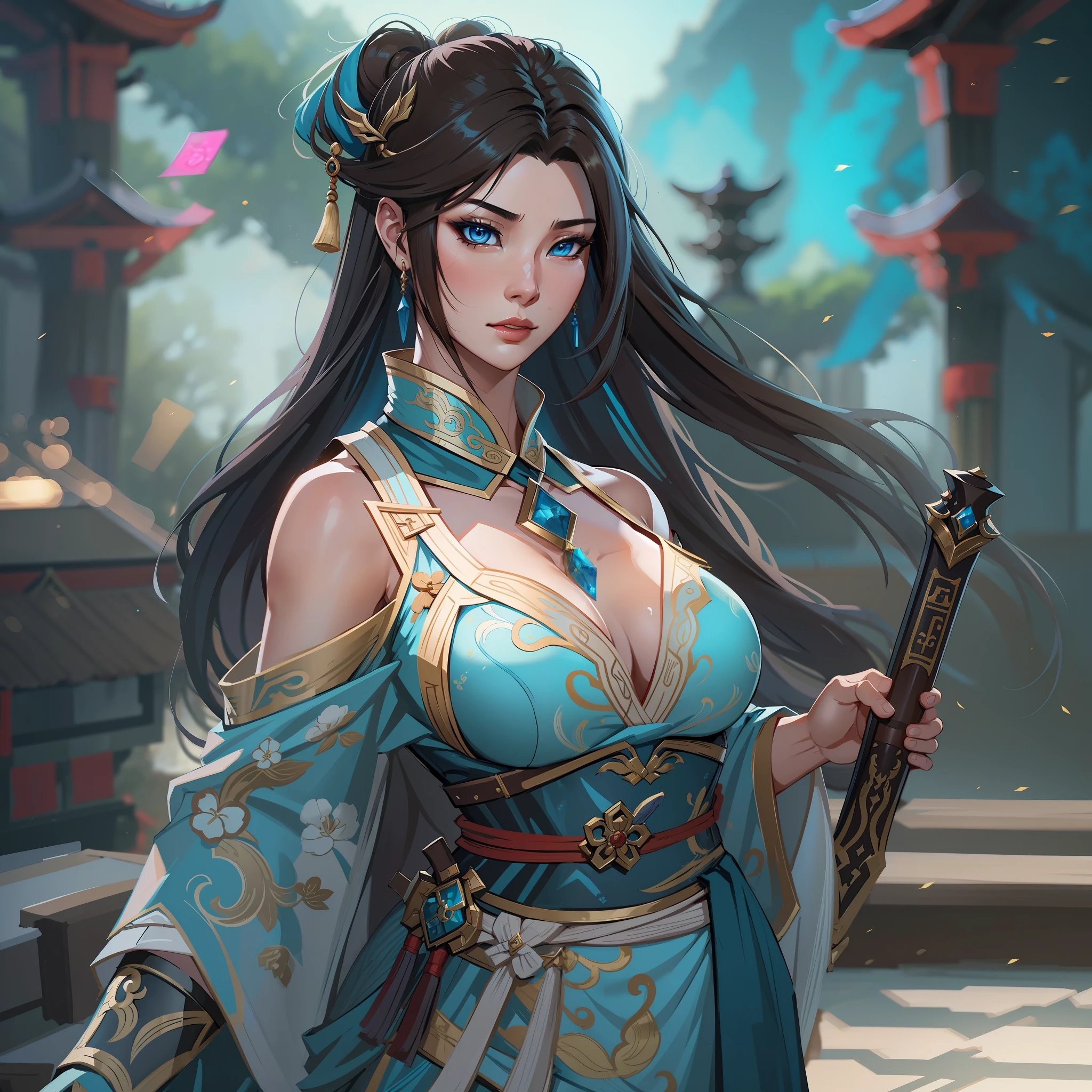 a close up of a strong amazon woman in her 30's, with hazel eyes and brown hair, wearing a blue and black mage's robes, a heroine with hazel eyes, female holding tonfa, mage with water magic, standing in a chinese temple, new costume concept design, in the style of blade and soul, full body character concept, detailed character design, inspired by Yang Jin, inspired by Li Mei-Shu, chinese costume, inspired by Lan Ying, inspired by Sim Sa-Jeong, inspired by Li Tang, lunar themed attire, costume with blue accents, inspired by Ju Lian, colored concept art, highly detailed character design, highly detailed face, inspired by Ai Xuan, very highly detailed face, unreal engine render, final fantasy 14 style, inspired by Leng Mei