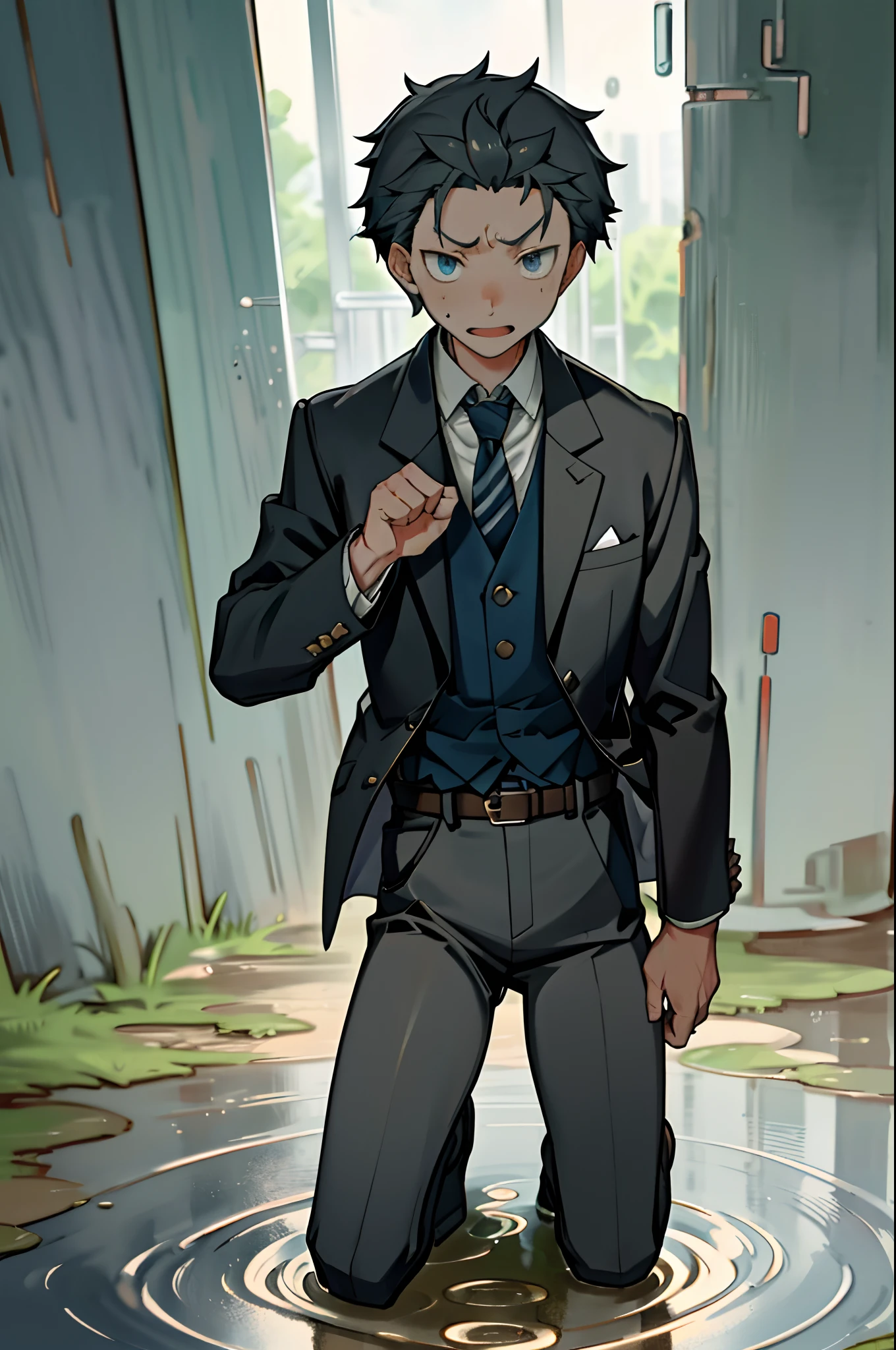 (1 Adult male),A high resolution, Sharp focus, Pixiv masterpiece, ((Complicated details)), highly detailed, natsuki_subaru,Multi-view upper body,Suit pants view, 1 man,is shy,Pee on the legs,pissing,Urine runs down the thighs,embarressed,exhilarated,is shocked,panicking,worry,A small puddle of their own urine forms around the feet,full bodyesbian,kneels on the ground,Very eager to pee,It's uncomfortable,Wet yourself,Urine discharge, Sweaty crotch,Drenched,rain,The shirt is soaked,(A gesture of pleading),blue color eyes(eyes glowing), Short gray hair,white shirt,Wear a tie,Wear a belt,Black suit trousers,perspire,look from down