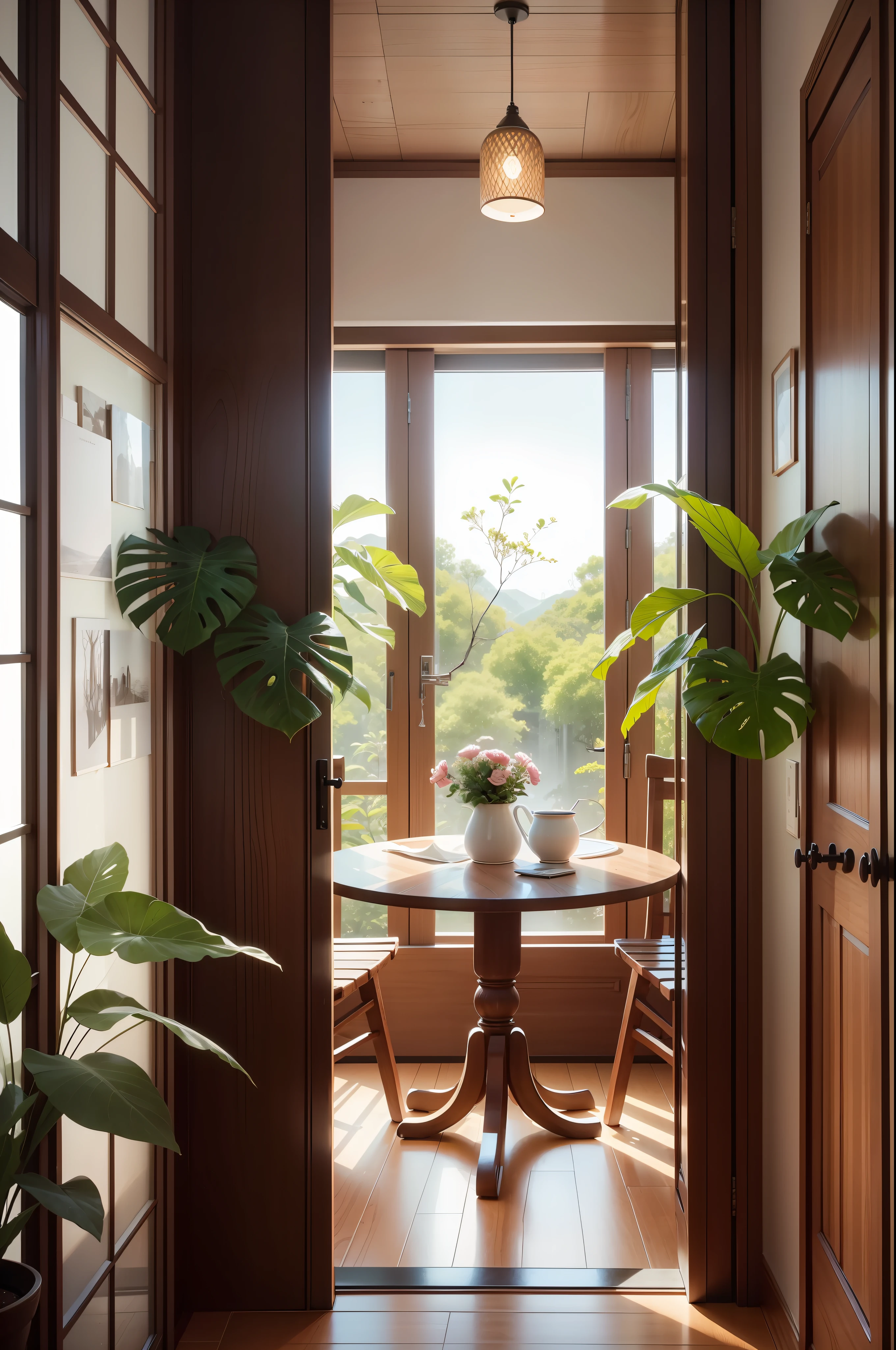 interior design、Insanely detailed wide-angle architectural photo、Cozy contemporary living room、(Bright and warm sunlight 1:0.1)、Award-winning contemporary interior design、landscapes、The table、a chair、in a house、Wooden flooring、window、resturant、east asian east asian architecture、sliding paper doors、abajour、architectural、the woods、naturey、cups、a plant、interior design、Insert lighting and shadows、depth of fields、low illuminance