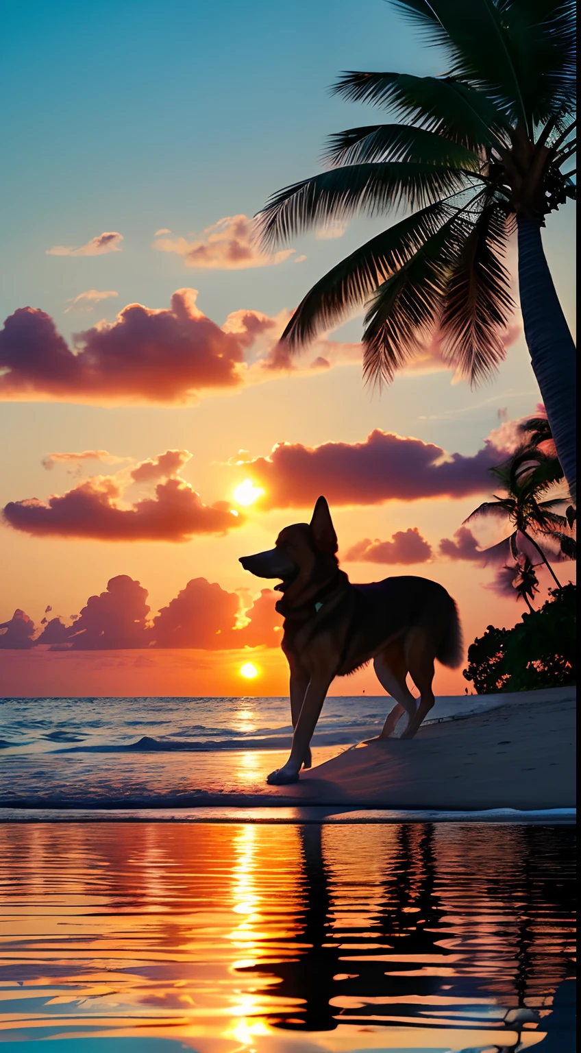 Create a 4K 9:16 image that depicts a stunning sunrise on a tropical beach, with gentle waves and palm trees along the coast. The color palette should be vibrant and convey a sense of renewal and positive energy.