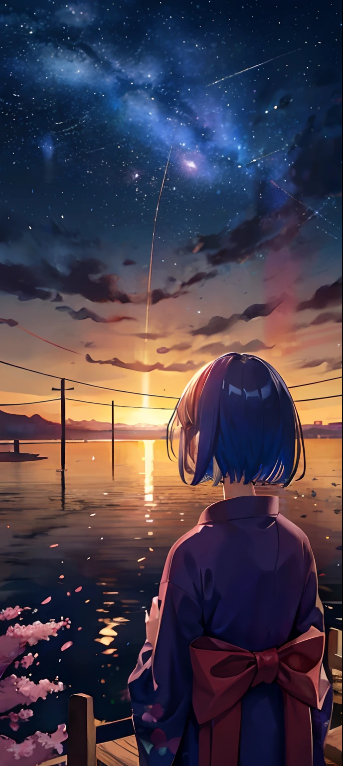 1girl, a distant girl in a kimono staring at the stars, (zoomed out: 1.1), (meteor shower: 1.2), (comet: 1.1), your name, low angle, from behind, northern lights, shooting stars, yukata, red kimono, cherry blossoms, Standing in the field, best quality, masterpiece, cloud, colorful, starry, stars,