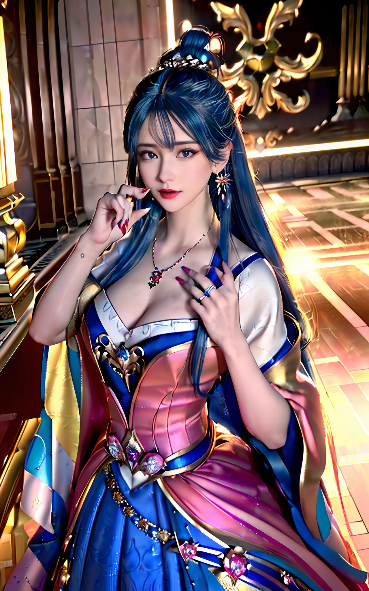 ((realisticity: 1.2)), ((realistic: 8K UHD)), ((best resolution: 8K UHD)), hyper detailed, best quality,masterpiece,highres,cg, ((1 girl hyper detailed and hyper realistic) ) , ((beautiful queen, hyper realistic and hyper detailed)),((white skin, beautiful, smooth, youthful, hyper realistic and hyper detailed )), ((Face hyper beautiful, white, hyper realistic and hyper detailed ) ), long hair, ((hyper realistic and hyper detailed dress)), solo, ((hyper realistic, hyper beautiful, beautiful and hyper detailed jewelry)), ((hyper beautiful deep red and golden yellow dress, hyper realistic and hyper detailed )) , ((Her pretty, hyper realistic, hyper detailed diamond filled earrings)), ((Her gorgeous diamond haircut, hyper realistic and hyper detailed)), ((hyper pretty upper body, hyper beautiful, hyper realistic and hyper detailed) ), ((medium breast: 1.5)), ((hyper realistic, hyper pretty, hyper detailed boobs)), ((the backgroun of the royal palace is hyper majestic, hyper realistic and hyper detailed)),((hands and palms hyper beautiful, hyper detailed, hyper realistic)), ((fingers: pinky finger, index finger, ring finger, middle finger, and thumb hyper realistic, hyper detailed, hyper beautiful)), ((hyper pretty, hyper pretty, hyper realistic and hyper detailed hair bun)), ((hyper pretty , hyper realistic and hyper detailed blue hair)), candid, Photo, high resolution, 8k , bokeh,