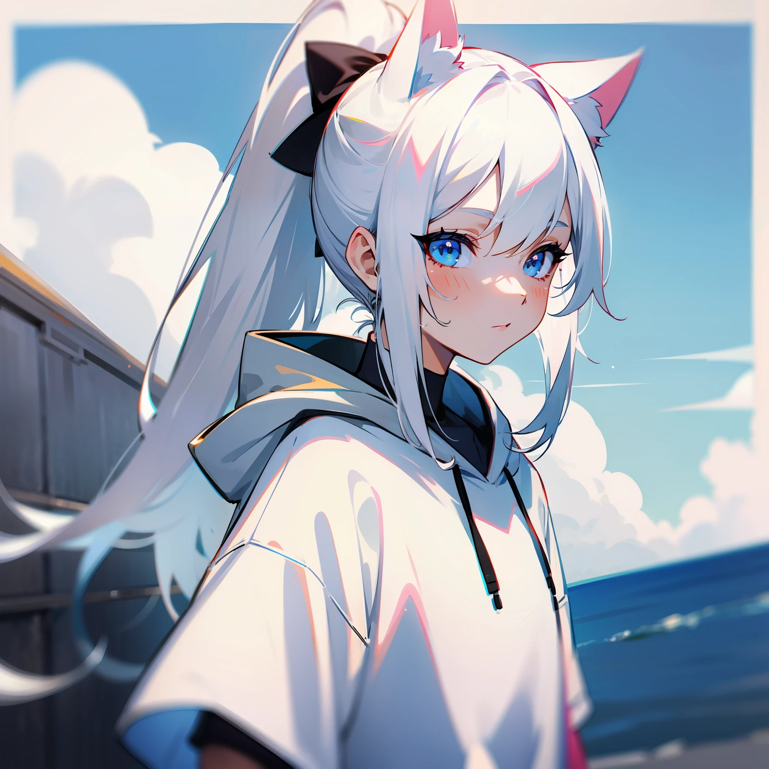 a pregirl,Sunscreen shirt, Hoodie,White hair,Cat ears,Long hair , High ponytail,sportrait