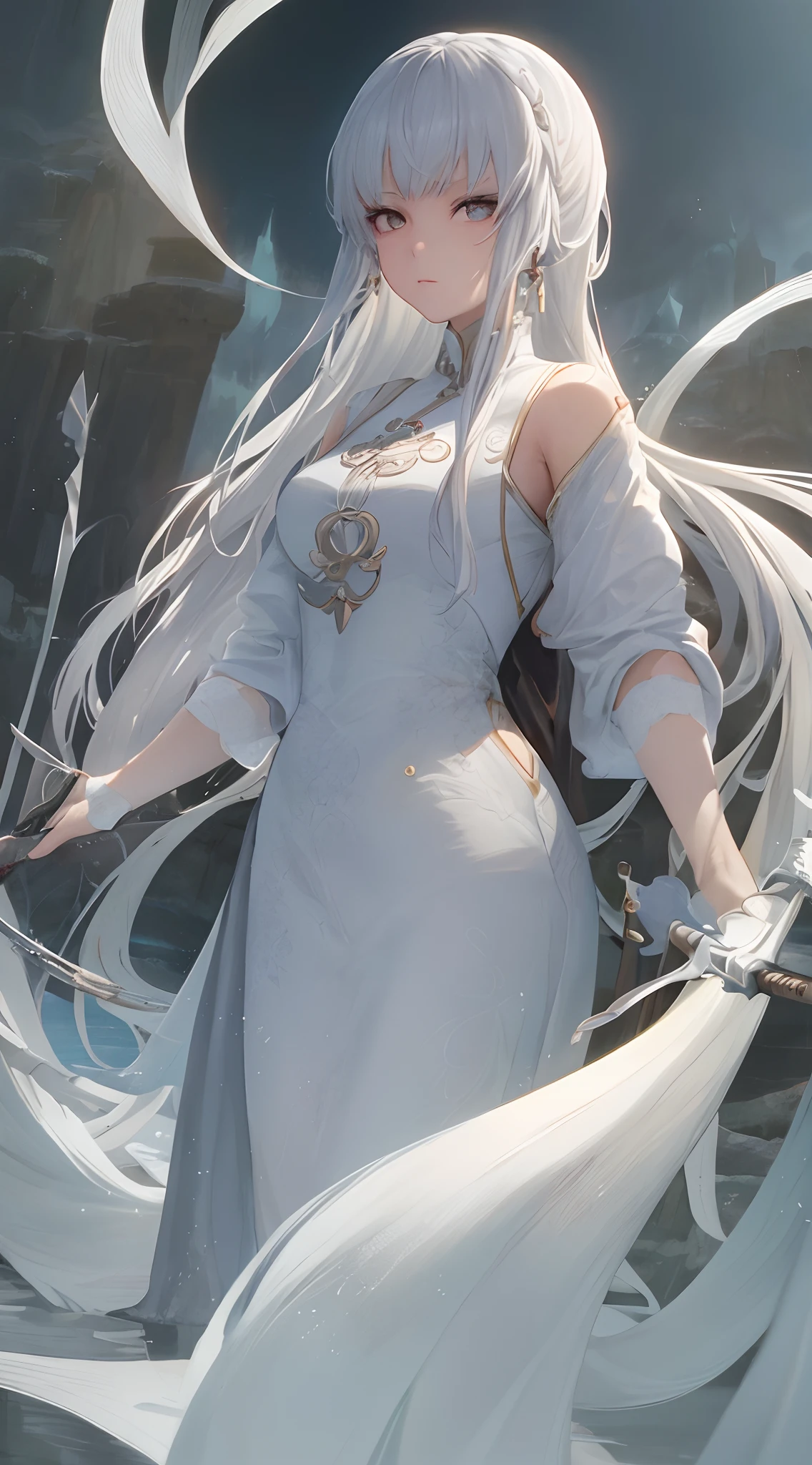 a close up of a woman with a sword in a white dress, a character portrait by Yang J, trending on cgsociety, fantasy art, beautiful character painting, artwork in the style of guweiz, guweiz, white hanfu, flowing white , full body wuxia, epic exquisite character art, stunning character art, beautiful female assas