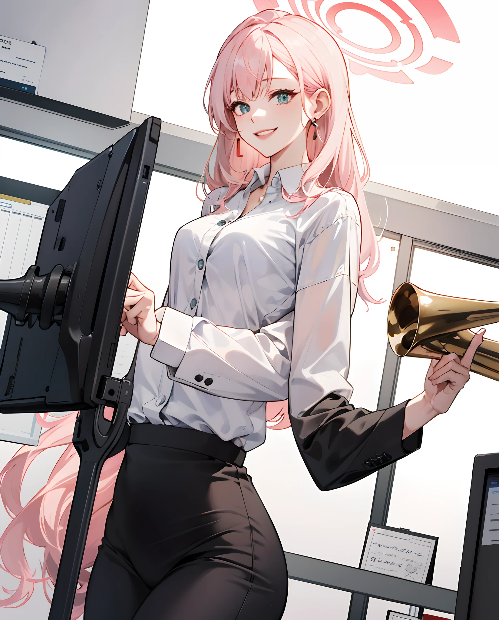 ((masterpiece, best)),(1girl),((mature woman)), light pink hair, dizzy, trumpet, ((office lady)), bangs, mid-chest, (full), slim, smiling, [wide hips] ,office,standing, aru \(blue archive\),