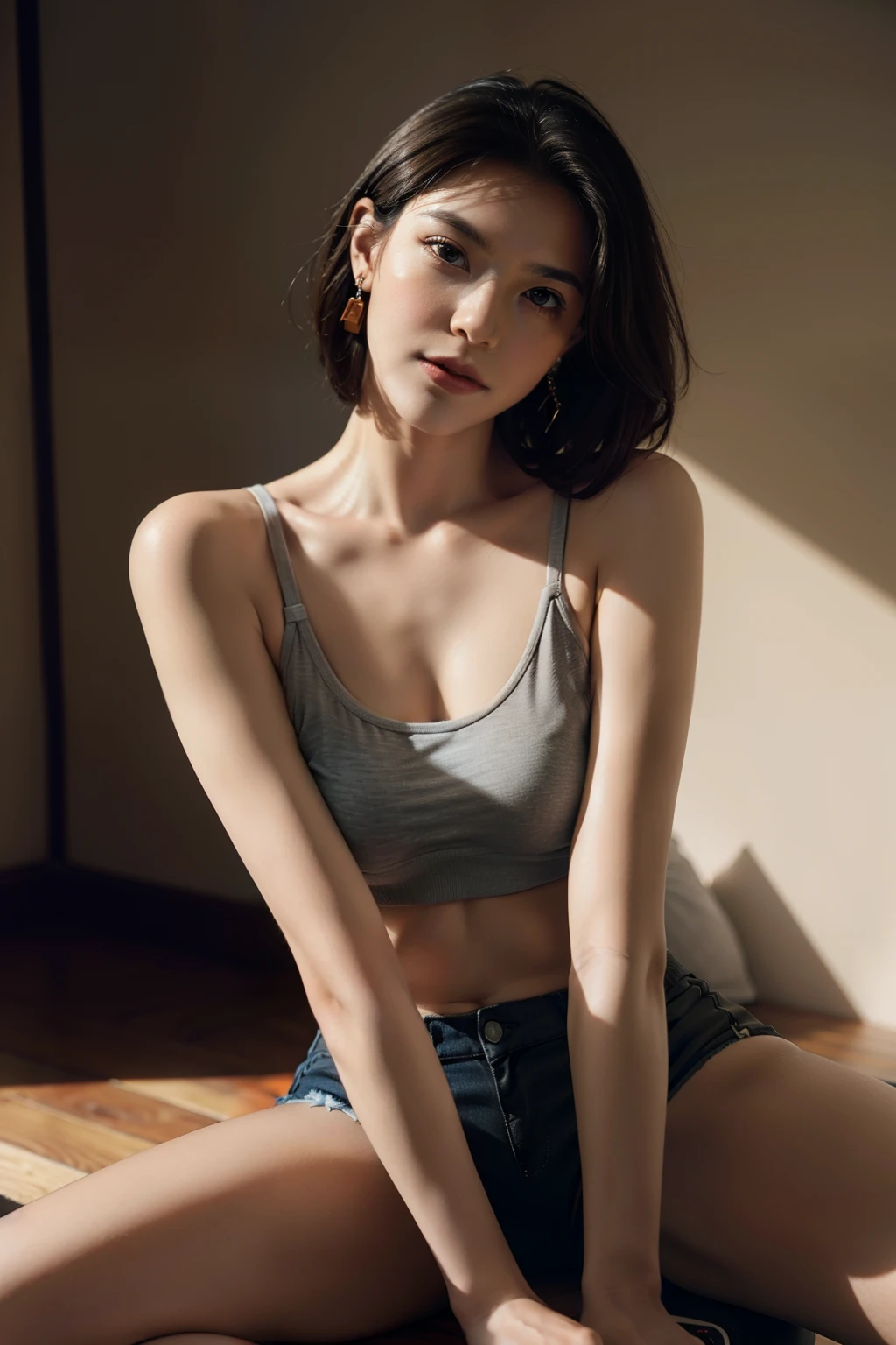 fashion photography portrait of 1girl, sport bra top, low-waisted shorts, ankle boots, solo, [:(detailed face:1.2):0.2], midriff peek, medium breasts, breasts,jewelry,earrings, short hair, half body, grey eyes, looking at viewer,black hair,(head tilt:1.2), lips, slightly smile, indoor background, orange_sky, 4k, high-res, masterpiece, best quality, ((Hasselblad photography)), finely detailed skin, sharp focus, (cinematic lighting), soft lighting, dynamic angle