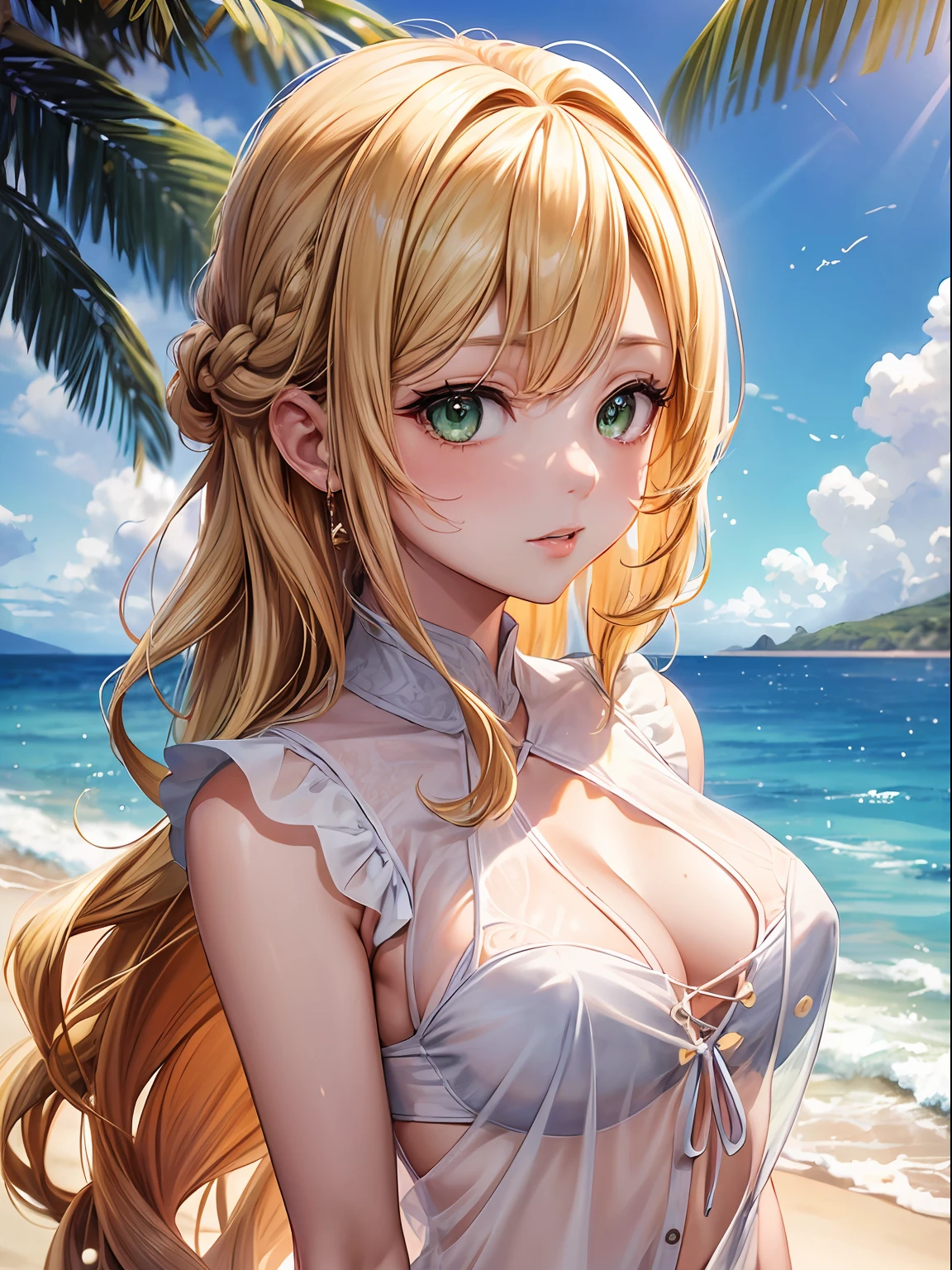 NFSW, 1 Lady, Face, (((1 Lady:1.37, Solo))), (((portrait shot))), (Beautiful face, Cute face, Detailed face), ((( Golden hair, Semi-long hair, Hair pulled back, Wavy Hair))), (((Detailed beautiful green eyes))), BREAK, (((Sunny))), (((in beach))), (((White sheer blouse, Microblouse, Sleeveless, Breasts wide open))), BREAK, extremely detailed CG unified 8k wallpaper, very fine 8KCG wallpaper, anime moe art style, Anime visuals of cute girls, anime style portrait, In an anime style, Beautiful anime, 8K Anime Art Style, In anime style、8K animation with detailed drawings, (masterpiece, Best Quality), High resolution, Ultra-detailed, ultra-sharp, Cinematic lighting