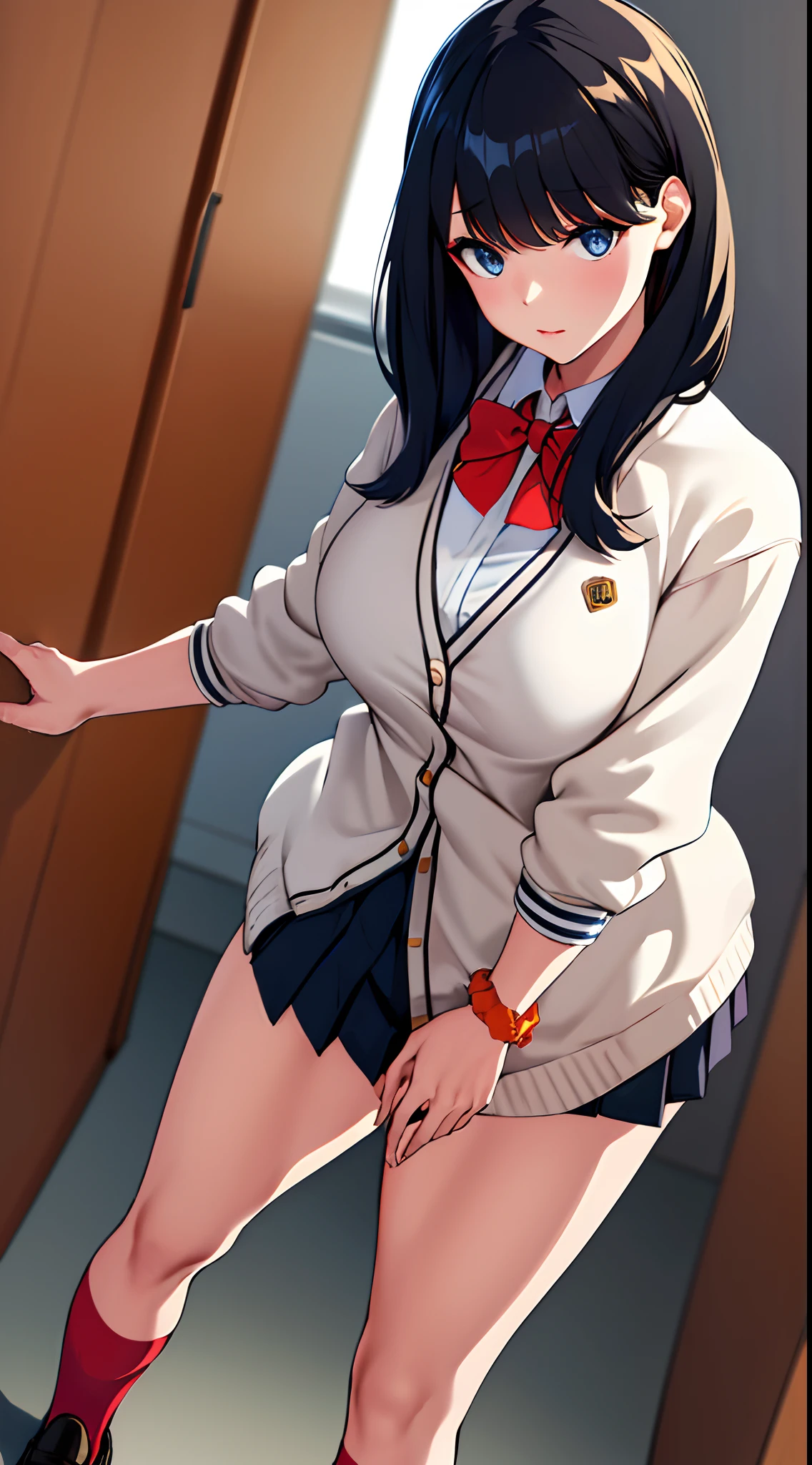 masterpiece, best quality, highres, takarada rikka, rikka1, 1girl, takarada rikka, black hair, solo, blue eyes, wrist scrunchie, long hair, red socks, school uniform, black skirt, bangs, pleated skirt, orange scrunchie, red bow, white cardigan, long sleeves, bowtie, loafers, white shirt, miniskirt, white sweater, large breasts.