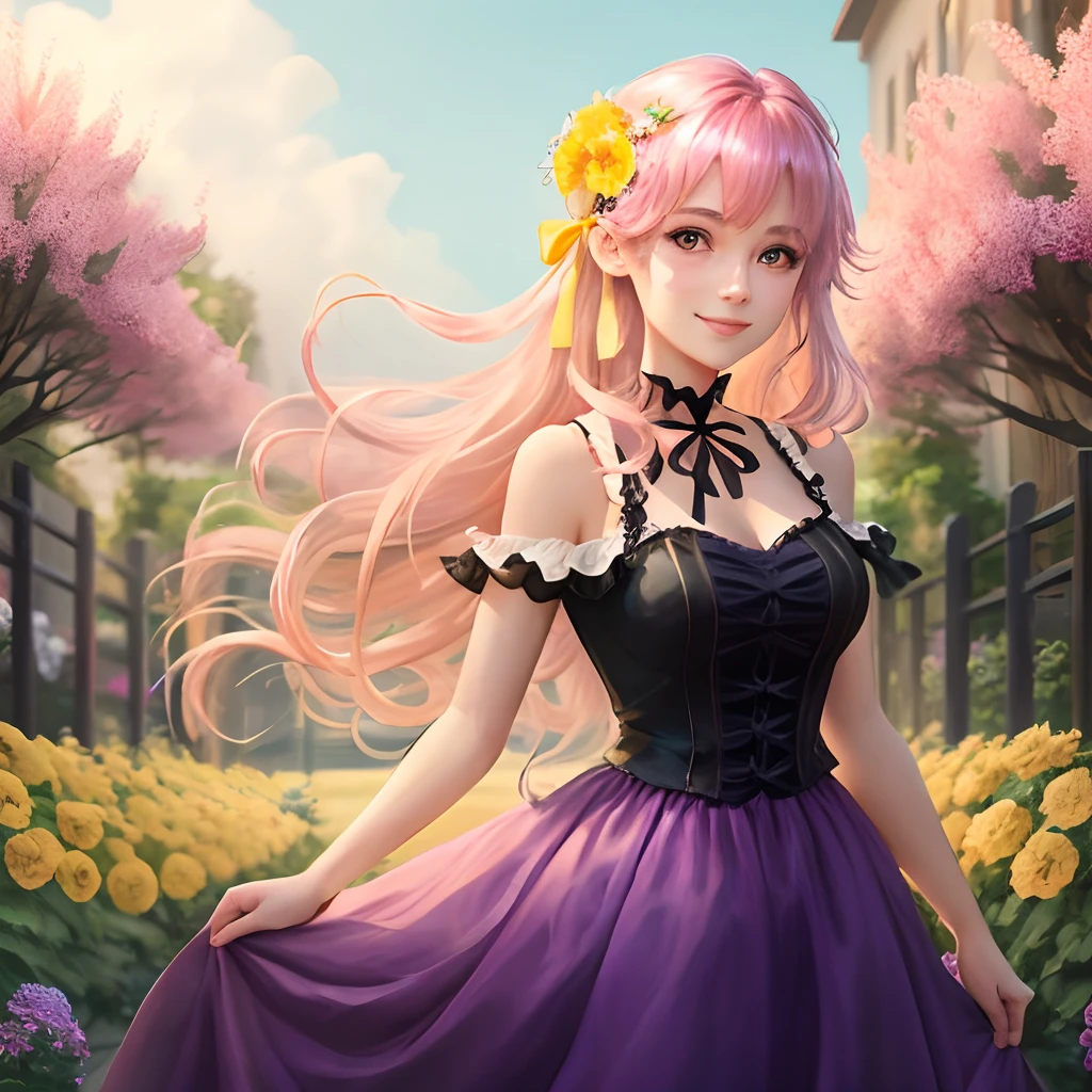 masterpiece, top quality, best quality,1girl, solo,looking at viewer,smile,lolita_dress,long hair,holding_skirt,flower garden,garden, hanakumo rin, flower, purple eyes, hair ornament, hair between eyes, bangs, hair flower, bare shoulders, collarbone, yellow flower, hair ribbon, halterneck, breasts, pink ribbon, very long hair,