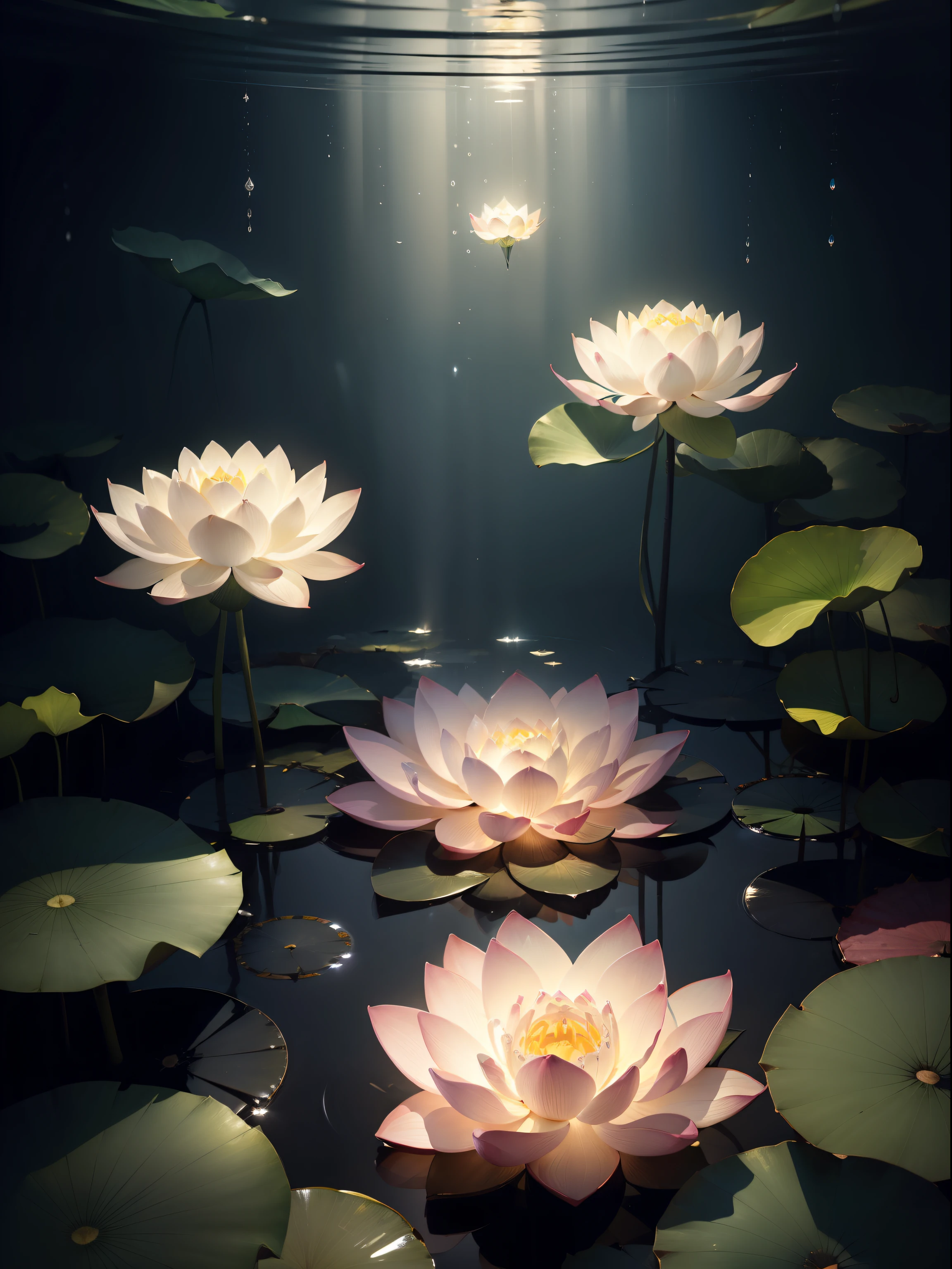 ((The lotus flowers)), super transparent, Holy Light, beautiful spectral light, petals glow, flashes, Dark background, drops of transparent light, reflective light, Bright, light streaming in, optics, portrait profile, Sharp Focus, Magical, Convoluted, A hyper-realistic, Fantasy, Composition, light, Trending in art stations, pearls, patronus cloud of silvery vapor, corrosive enveloping ray family, 8K, ureal ar 23v4 uplight