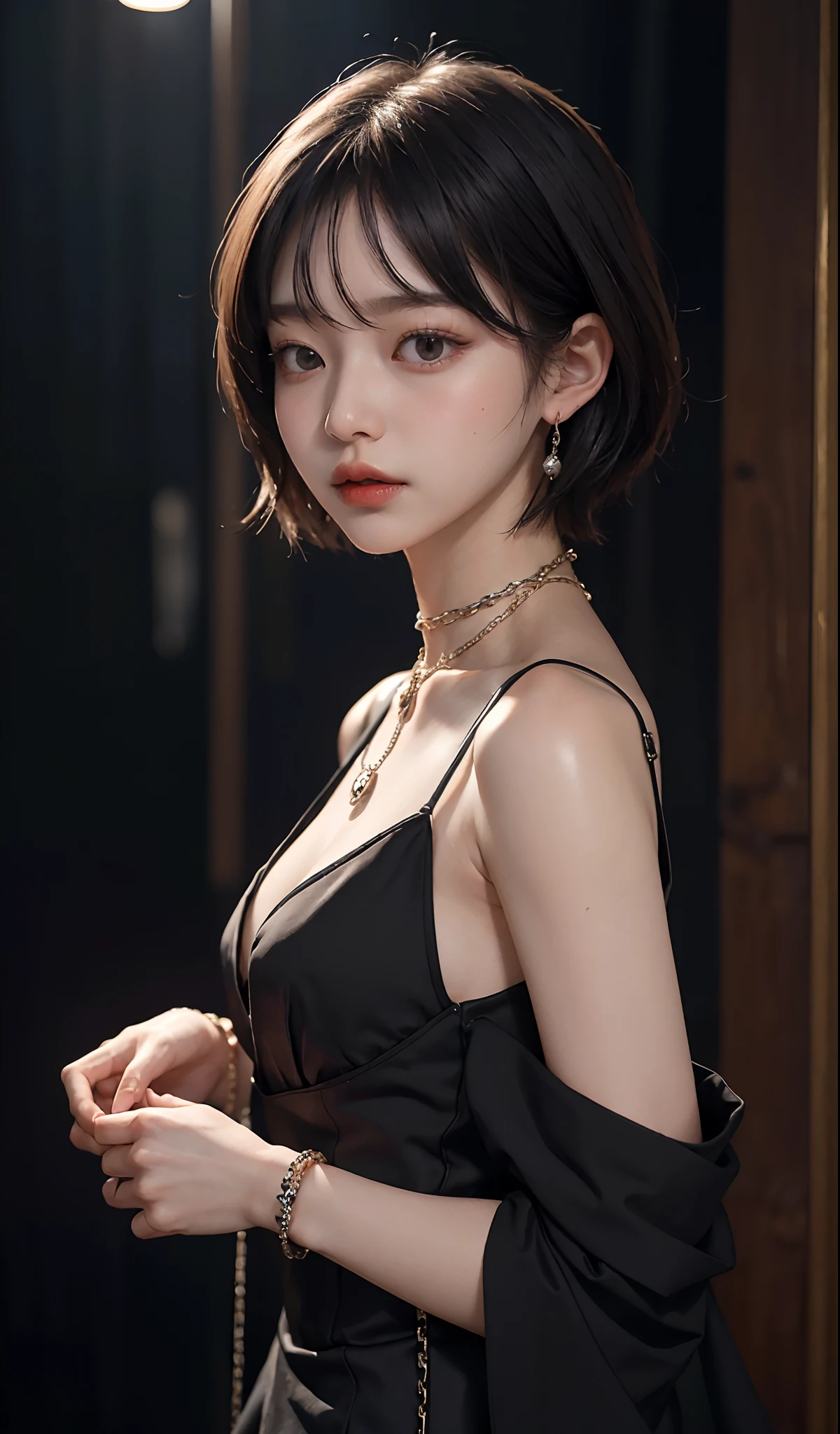 (natta)、((top-quality、​masterpiece:1.3))、sharp:1.2、Perfect Body Beauty:1.4、((Layered hairstyle))、(Black Dress:1.3)、(nighttime scene:1.2)、(chains:1.3)、Highly detailed facial and skin texture、Detailed eye、二重まぶた、((short-length hair))、boyish、Cool、((unisex))、big eye、Necklaces、bangss、((One Woman))、Black eyes、A bracelet、a choker、Ring、Chain Accessories、Farbe々From an angle、Cuffed、