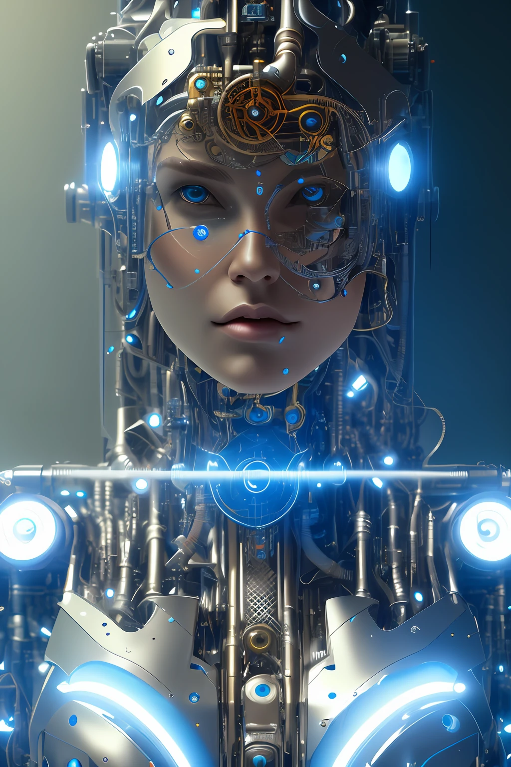 full body cyborg| full-length portrait| detailed face| symmetric| steampunk| cyberpunk| cyborg| intricate detailed| to scale| hyperrealistic| cinematic lighting| digital art| concept art| mdjrny-v4 style