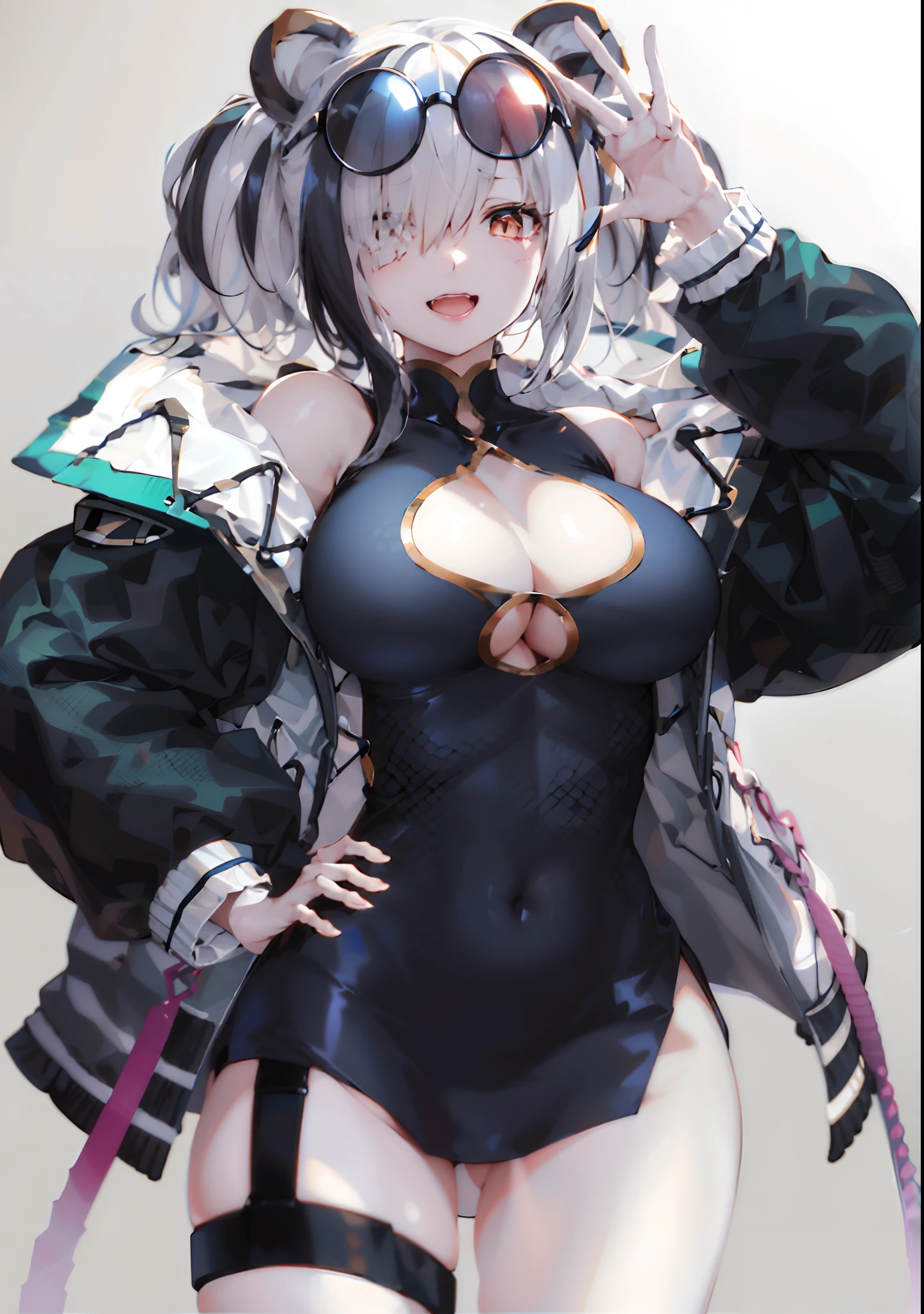 Personaje de anime con un atuendo en blanco y negro y un par de gafas, kantai collection style, small curvy loli, de Arknights, Mejor fondo de pantalla de Anime 4K Konachan, pixiv 3dcg, Tendencias en ArtStation Pixiv, 2 b, 2b, Arte digital en Pixiv, De Girls Frontline, Deidad de pelo blanco, Estilo Azur Lane. AGREGALE UN FONDO NEGRO, AND MAKE BREASTS BIGGER