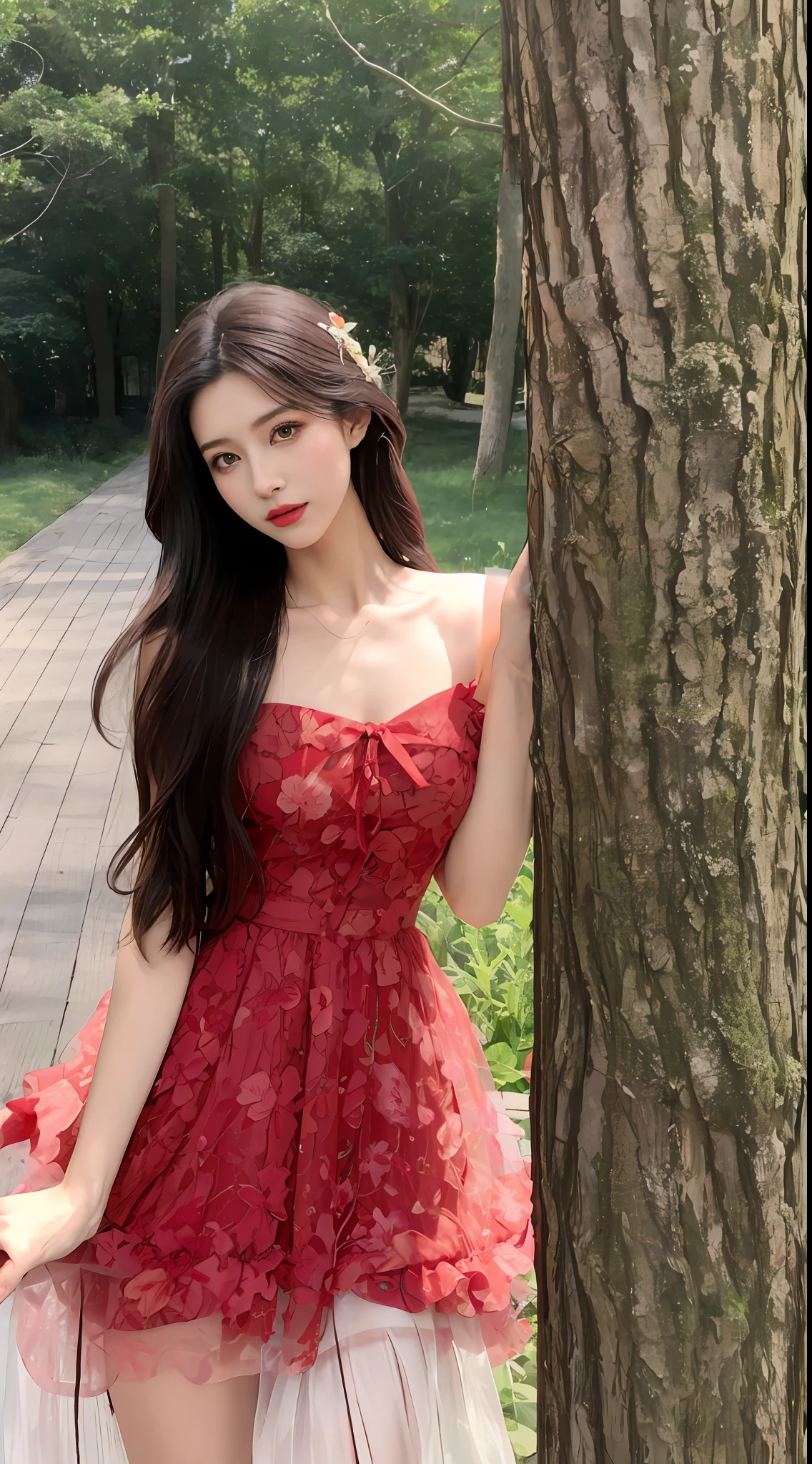 Araki woman in red dress leans against a tree, ulzzangs, Romantic dress, Red floral dress, pale red, belle delphine, girl wears a red dress, Beautiful girl model, Very beautiful girl, Beautiful model girl, cute beautiful, Bandeau Dress, red waist-long hair, fairy core, floating dress, beautiful lovely, shaxi