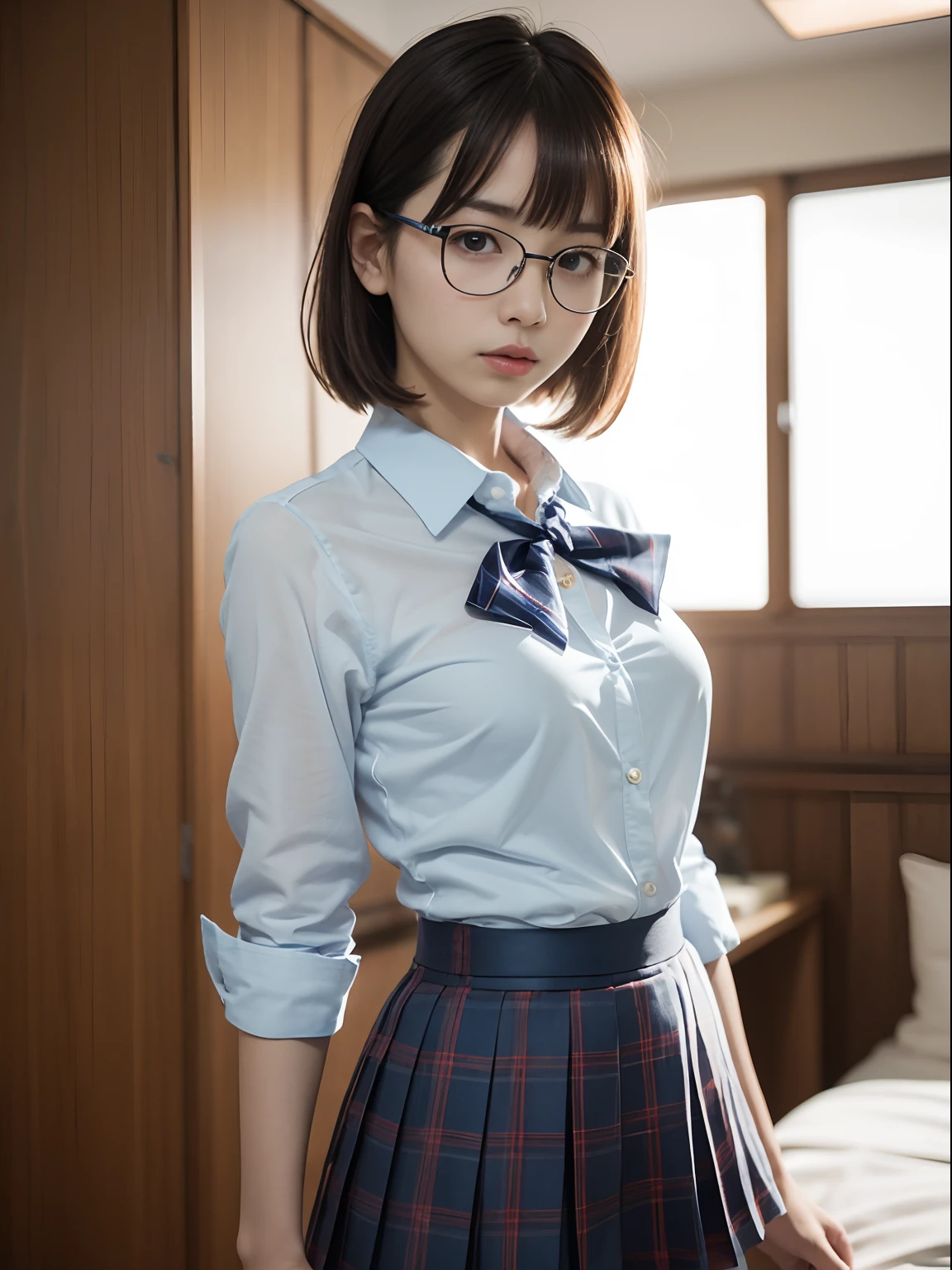 （8K、Raw photography、top-quality、​masterpiece：1.2),bob cuts,glamor,Chromo-white skin,cocky,School,watching at viewers,Looking at the front,Muchimuchi,Erotic,Pupils,(Light blue bra seen through the shirt),de pele branca,kne,(Black pantyhose),absurderes,a small face,small tits,flat breast,Parting the bangs from the middle、Forehead visible,(a cold expression,Tight eyes,glares,Bullish,skinny,Rasping,irate)、​masterpiece,top-quality、超A high resolution,Raw photo,ren,Beautiful fece,One Person, 独奏,eye glass,,Dark look,Small breasts,fullllbody,Round glasses,JK school uniform,hi-school girl,A Japanese Lady,is standing,（Photorealsitic：1.37）、Photon mapping,Realistic、Beautie,Cute little face,Brown-eyed、Black socks、(Red bow tie)、Radio City、Physically Based Rendering、depth of fields、Blurry background、a picture,Body,beauty legs, Long legs, Thin leg,(Bangs are visible), hair, s lips, Blue_The eye, nosesoft,(Light blue shirt), (Navy and blue and white plaid pleated skirt), Knees are visible,Sheer clothing,, Thigh, Black cotton socks,Nogizaka Idol, 女優, Japanese ido