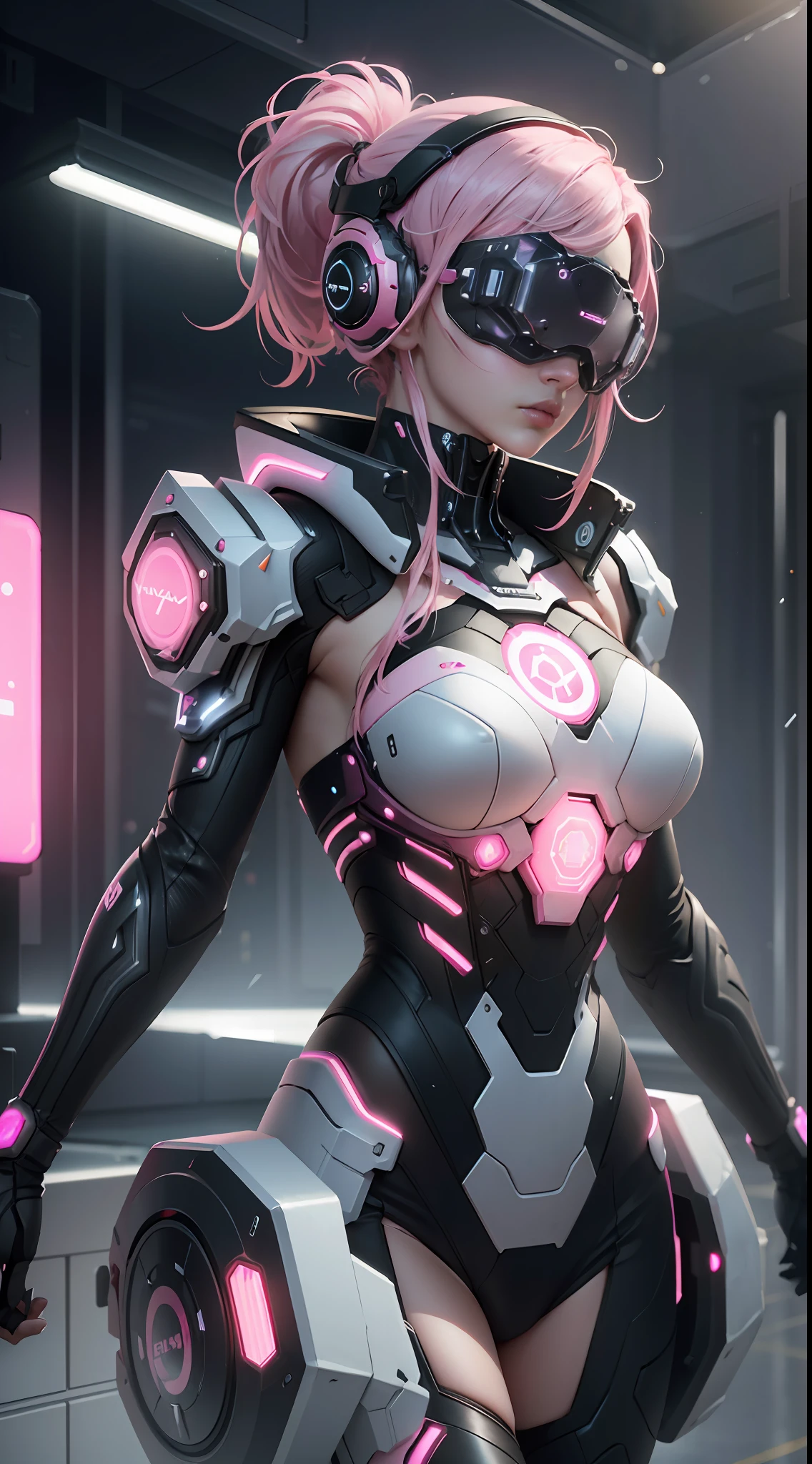 ((Best Quality)), ((Masterpiece)), (Very Detailed:1.3), 3D, Beautiful (Pink Cyberpunk:1.3) Female, straight pink hairstyle, big breast, Hands touching Chest, head-mounted displays, computer servers, LCD screens, fiber optic cables, company logos, HDR (High Dynamic Range), ray tracing, NVIDIA RTX, Super Resolution, Unreal 5, Subsurface scattering, PBR textures, post-processing, anisotropic filtering, depth of field, Maximum sharpness and sharpness, multi-layered textures, albedo and highlight maps, surface shading, accurate simulation of light-material interactions, perfect ratios, octane rendering, duotone lighting, low ISO, white balance, rule of thirds, wide aperture, 8K RAW, efficient sub-pixels, subpixel convolution, luminous particles, dynamic pose