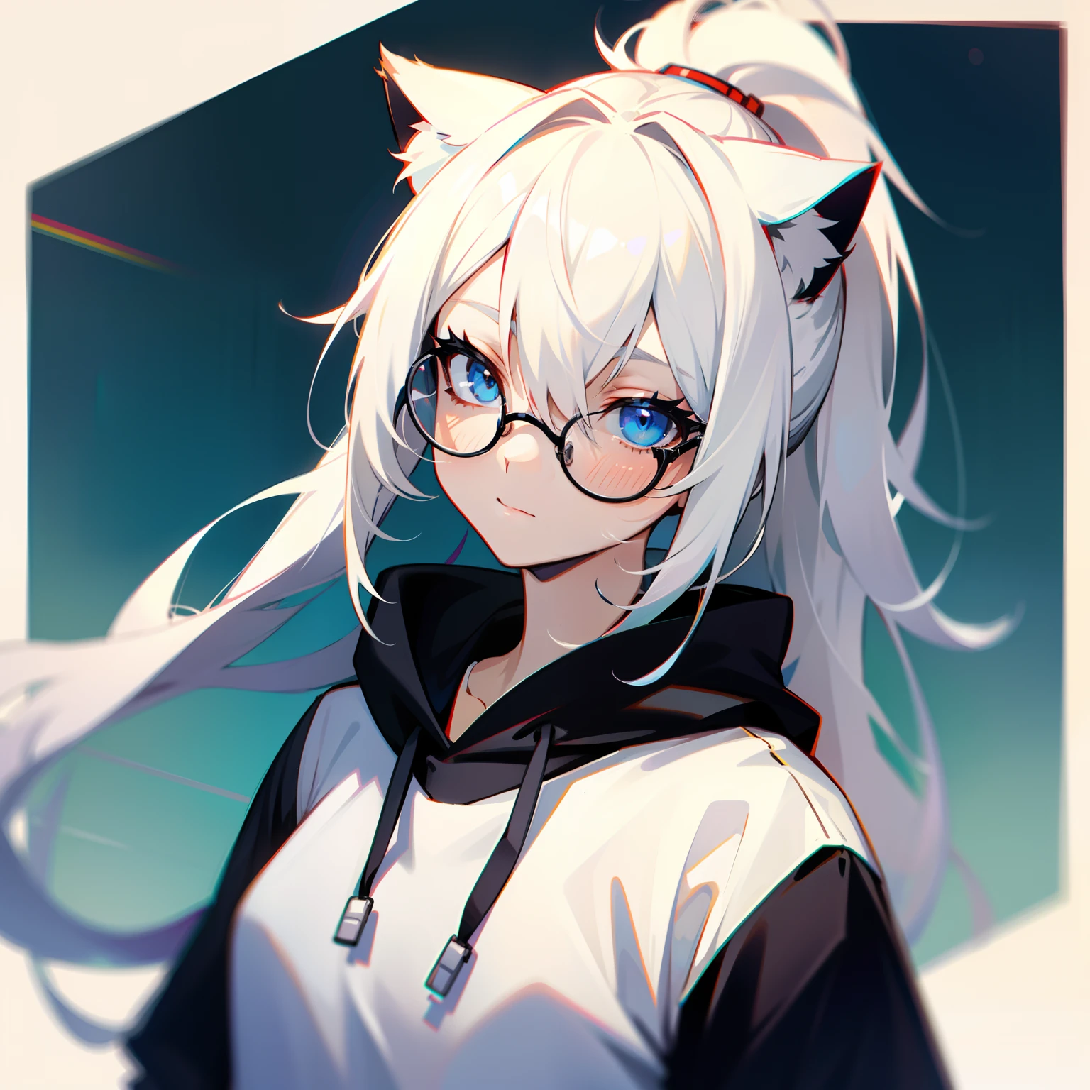 a pregirl,Sunscreen shirt, Hoodie,White hair,Cat ears,Long hair , High ponytail,sportrait,thin frame glasses,Round spectacle lenses