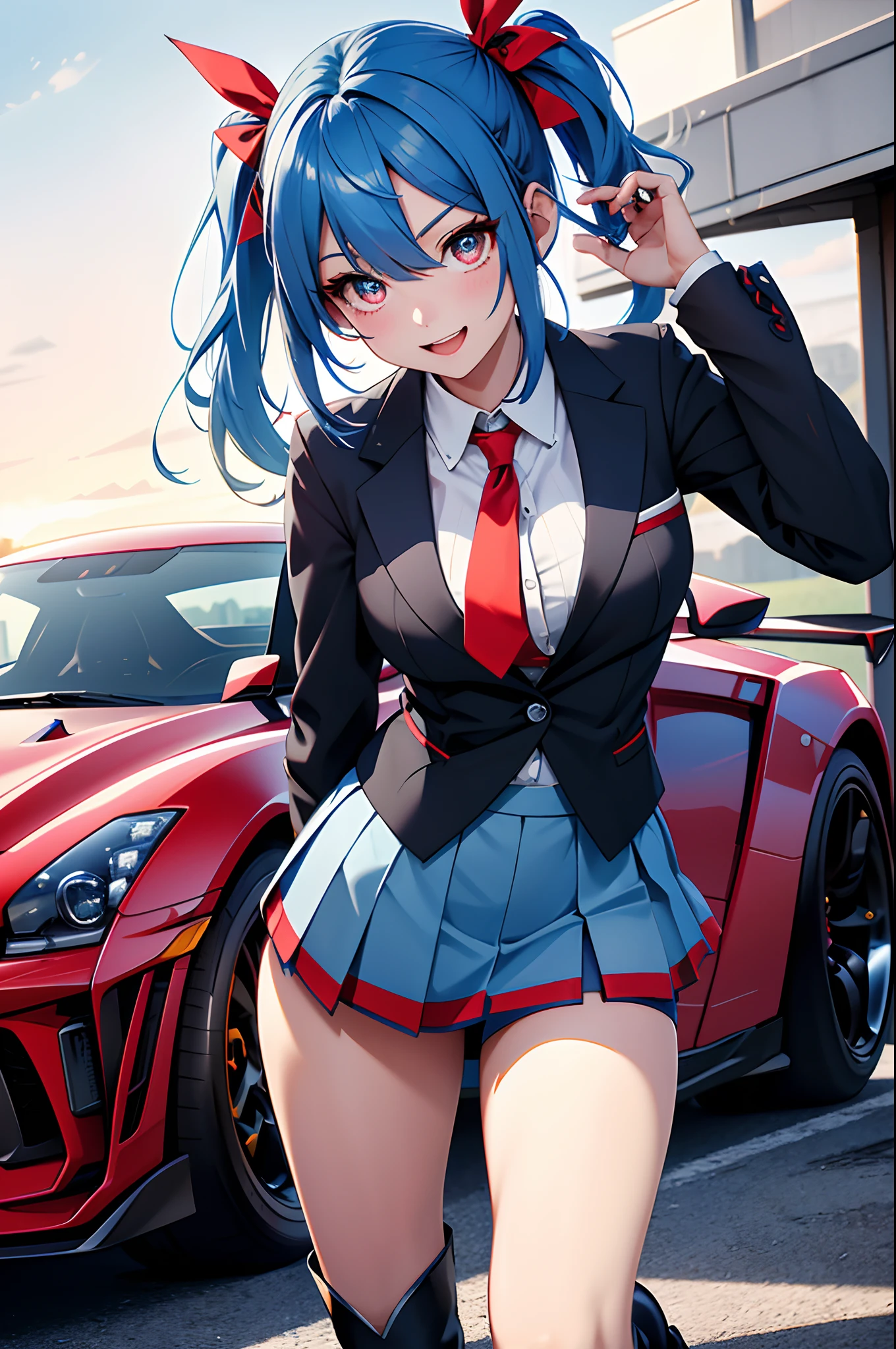 (top-quality、in 8K、32K、masterpiece、UHD、ighly detailed、Photorealsitic:1.2)、Full body, (Circuit field、sports car on the background、GT-R:1.4)、sunlights、deep-shadows、Realistic pupils、Sharp pupils、detailed faces and eyes、beauitful face、18Old Beautiful Girl、shinny skin, Beautiful blue hair、Twin-tailed、Red Eyes、beauitful face、Bright lace queen outfit、a miniskirt、wearing boots、Absolute area、Tie your hair with a big red ribbon、Curve、dynamicposes、Opens mouth and laughs、