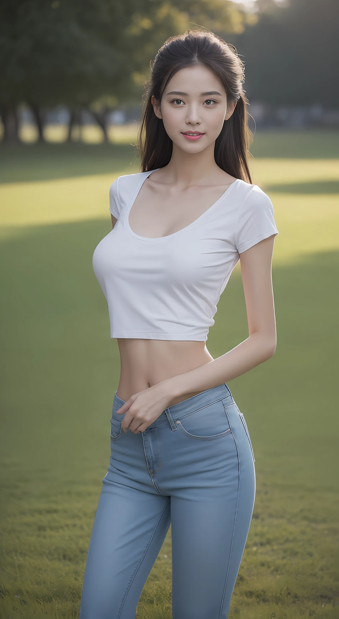 (rain, grassy fields: 1.3), 1 beautiful woman taking pictures on the grass，RAW photos，tmasterpiece，（highdetailskin：1.2），8k ultra high definition，digital SLR camera，gentlesoftlighting，high high quality，filmgrain，富士XT3，20 years old Asian woman，Wear simple clothes，Blue T-shirt and crop top jeans，Detailed clothing details:1.3，perfect body figure，Perfect breasts and nipple bulge，The legs are straight and slender，（（Branded stylish shoes:0.6）），Super detailed facial details and skin，Fair pink face and skin，Skin pink and soft，with light glowing，二重まぶた，Super detailed eyes，A sweet smile，(Gloss on lips, eyeslashes, Glossy face, Best quality, Super high resolution, warm color，Wide lighting, naturalshadow), The posture is diverse，Show off your sexy body and beautiful buttocks, Full body shooting: 1.8