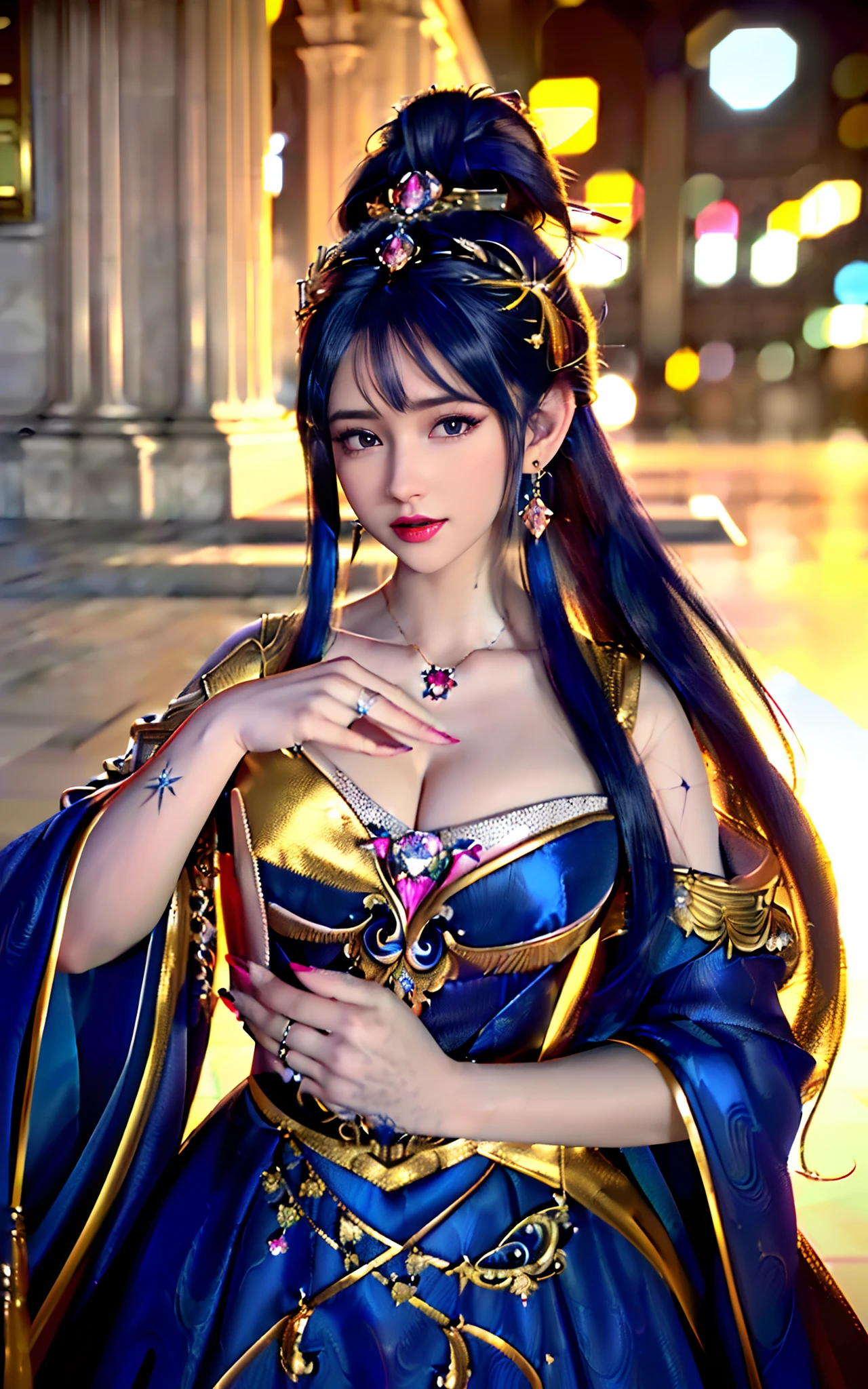 ((realisticity: 1.2)), ((realistic: 8K UHD)), ((best resolution: 8K UHD)), hyper detailed, best quality,masterpiece,highres,cg, ((1 girl hyper detailed and hyper realistic) ) , ((beautiful queen, hyper realistic and hyper detailed)),((white skin, beautiful, smooth, youthful, hyper realistic and hyper detailed )), ((Face hyper beautiful, white, hyper realistic and hyper detailed ) ), long hair, ((hyper realistic and hyper detailed dress)), solo, ((hyper realistic, hyper beautiful, beautiful and hyper detailed jewelry)), ((hyper beautiful deep red and golden yellow dress, hyper realistic and hyper detailed )) , ((Her pretty, hyper realistic, hyper detailed diamond filled earrings)), ((Her gorgeous diamond haircut, hyper realistic and hyper detailed)), ((hyper pretty upper body, hyper beautiful, hyper realistic and hyper detailed) ), ((medium breast: 1.5)), ((hyper realistic, hyper pretty, hyper detailed boobs)),   ((the backgroun of the royal palace is hyper majestic, hyper realistic and hyper detailed)),((hands and palms hyper beautiful, hyper detailed, hyper realistic)), ((fingers: pinky finger, index finger, ring finger, middle finger, and thumb hyper realistic, hyper detailed, hyper beautiful)), ((hyper pretty, hyper pretty, hyper realistic and hyper detailed hair bun)), ((hyper pretty , hyper realistic and hyper detailed blue hair)), candid, Photo, high resolution, 8k , bokeh,