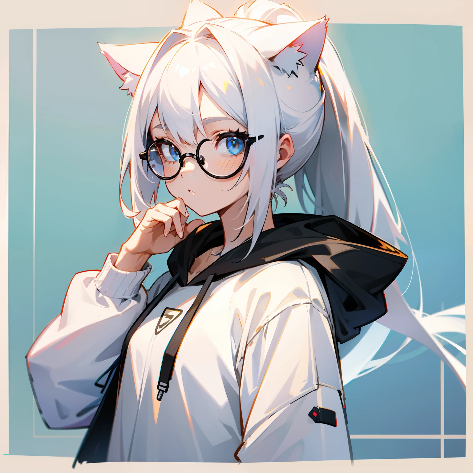 a pregirl,Sunscreen shirt, Hoodie,White hair,Cat ears,Long hair , High ponytail,sportrait,thin frame glasses,Round spectacle lenses
