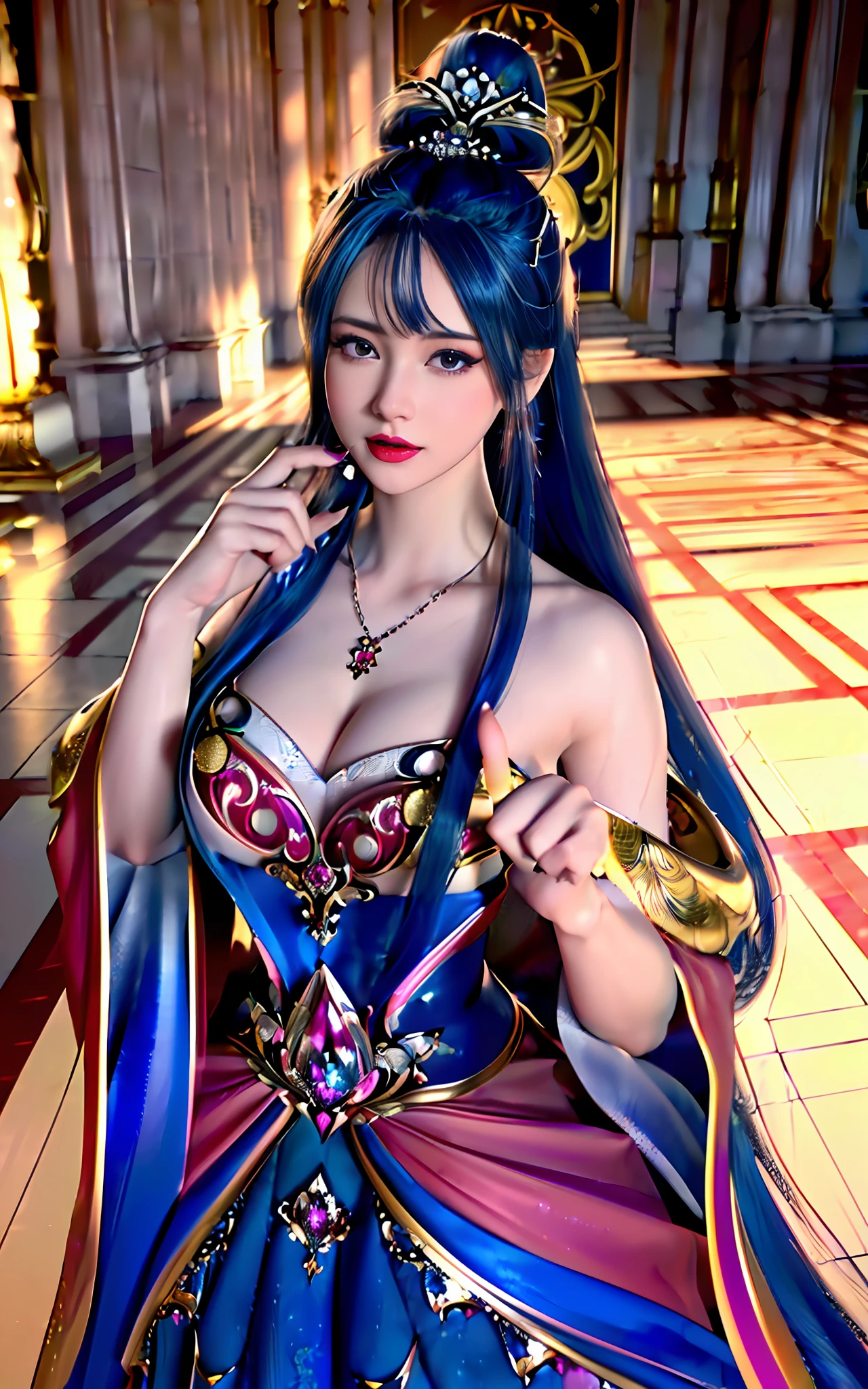 ((realisticity: 1.2)), ((realistic: 8K UHD)), ((best resolution: 8K UHD)), hyper detailed, best quality,masterpiece,highres,cg, ((1 girl hyper detailed and hyper realistic) ) , ((beautiful queen, hyper realistic and hyper detailed)),((white skin, beautiful, smooth, youthful, hyper realistic and hyper detailed )), ((Face hyper beautiful, white, hyper realistic and hyper detailed ) ), long hair, ((hyper realistic and hyper detailed dress)), solo, ((hyper realistic, hyper beautiful, beautiful and hyper detailed jewelry)), ((hyper beautiful deep red and golden yellow dress, hyper realistic and hyper detailed )) , ((Her pretty, hyper realistic, hyper detailed diamond filled earrings)), ((Her gorgeous diamond haircut, hyper realistic and hyper detailed)), ((hyper pretty upper body, hyper beautiful, hyper realistic and hyper detailed) ), ((medium breast: 1.5)), ((hyper realistic, hyper pretty, hyper detailed boobs)),   ((the backgroun of the royal palace is hyper majestic, hyper realistic and hyper detailed)),((hands and palms hyper beautiful, hyper detailed, hyper realistic)), ((fingers: pinky finger, index finger, ring finger, middle finger, and thumb hyper realistic, hyper detailed, hyper beautiful)), ((hyper pretty, hyper pretty, hyper realistic and hyper detailed hair bun)), ((hyper pretty , hyper realistic and hyper detailed blue hair)), candid, Photo, high resolution, 8k , bokeh,