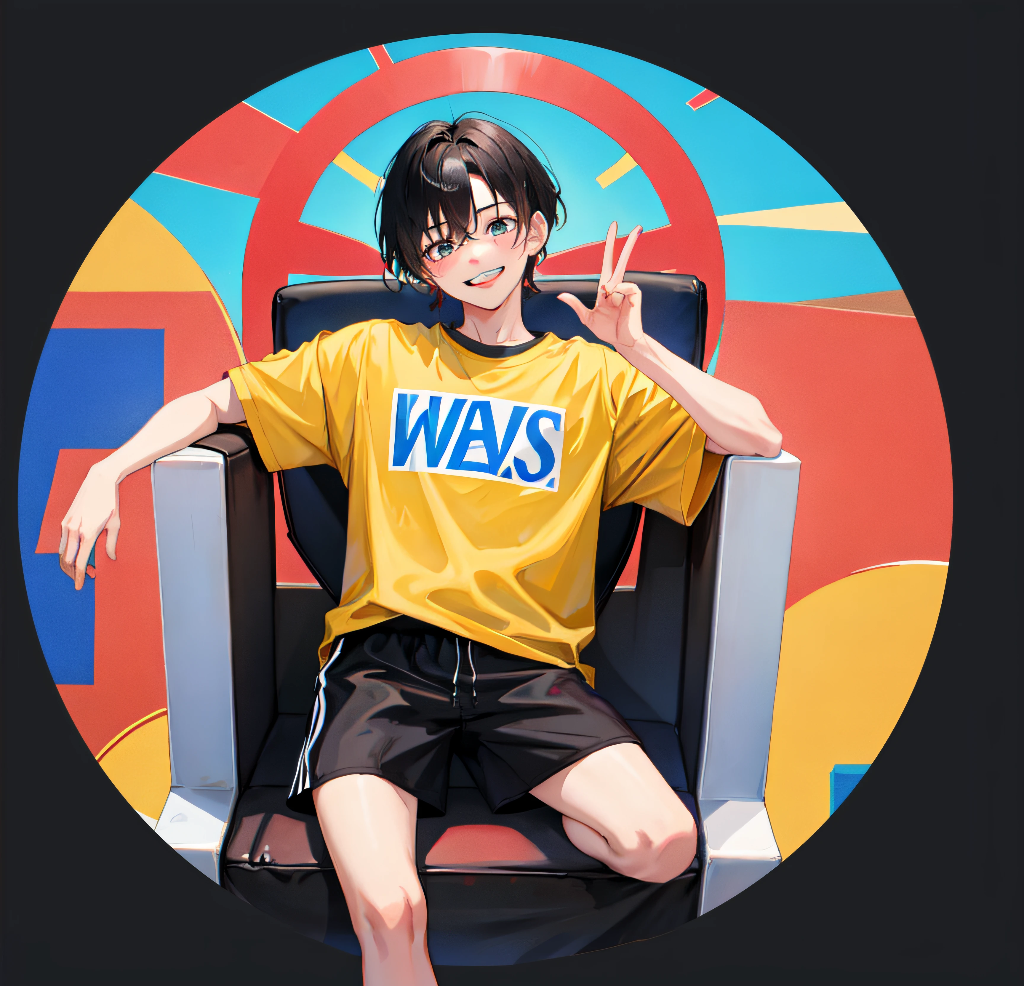 anime character sitting in a chair with his hands up, high quality anime artstyle, anime wallaper, in an anime style, inspired by Bian Shoumin, high quality fanart, guweiz, in anime style, official fanart, artwork in the style of guweiz, official artwork, anime artstyle, anime style character, anime cover, made with anime painter studio in black are also