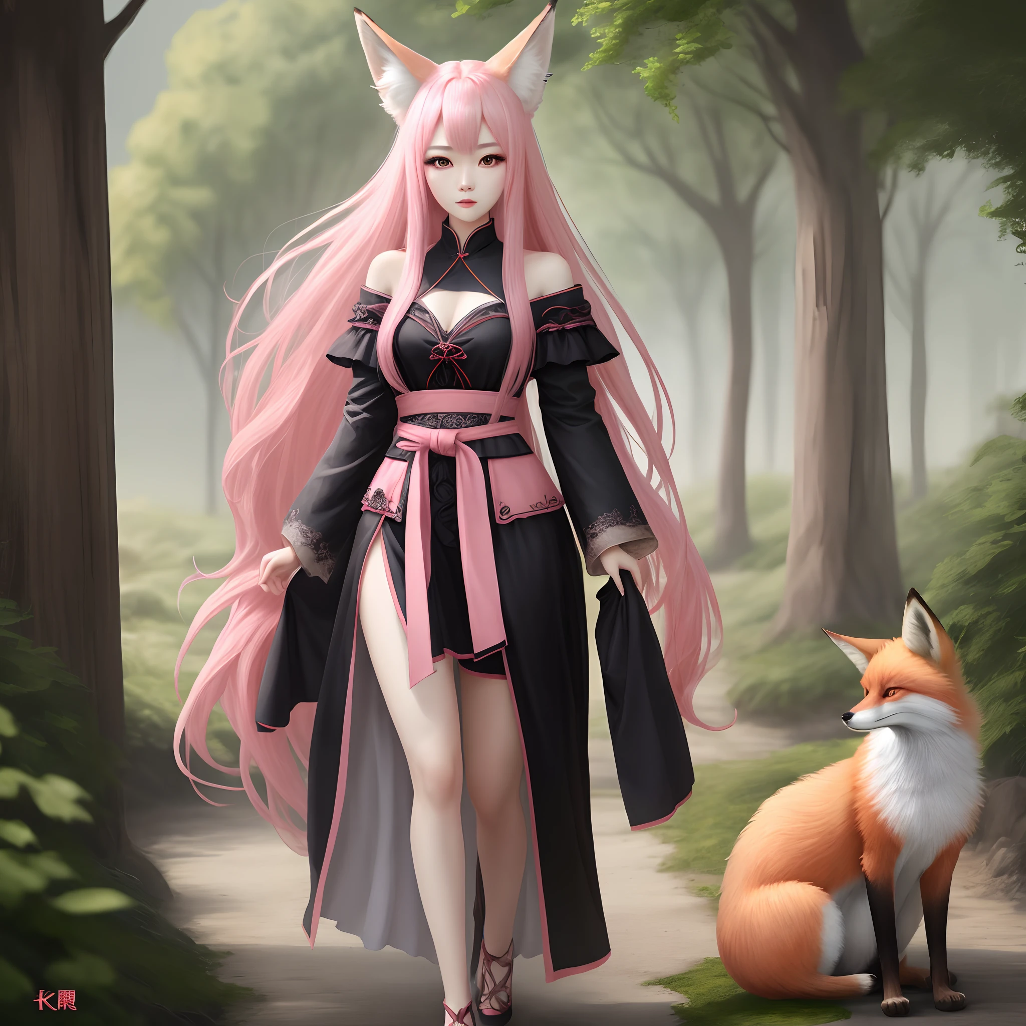 Glamorous fox lady,female pervert,Long hair and waist,long pink hair,Master quality,8K分辨率,Highest image quality,