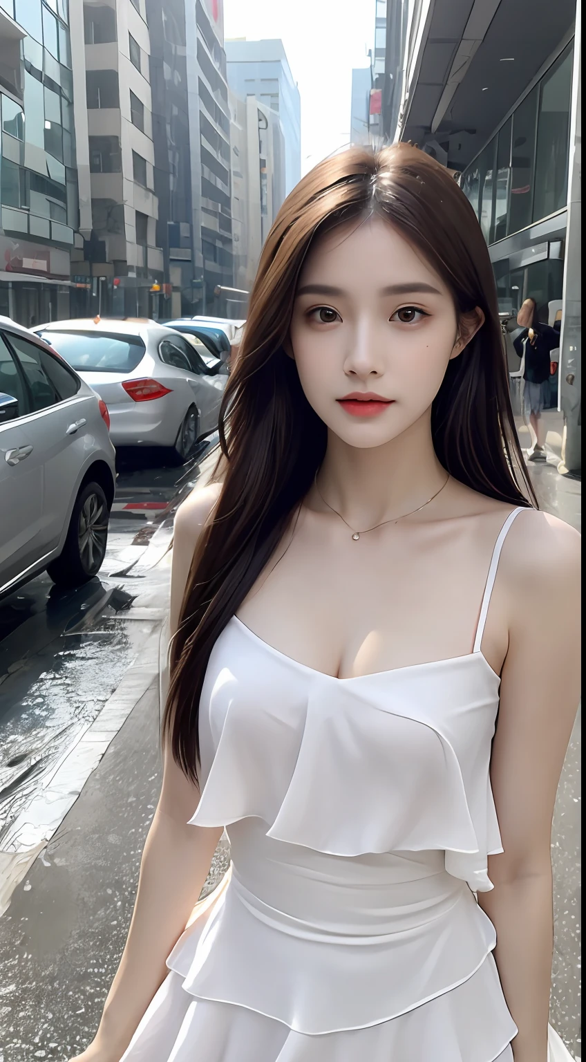 ((Best Quality, 8k, Masterpiece: 1.3)), Focus: 1.2, Perfect Body Beauty: 1.4, Buttocks: 1.2, ((Layered Haircut, Flat Chest: 1.2)), (Rain, Street:1.3), Bandeau Dress: 1.1, Highly Detailed Face and Skin Texture, Fine Eyes, Double Eyelids, Whitened Skin, Long Hair, (Shut Up: 1.3), Full Body